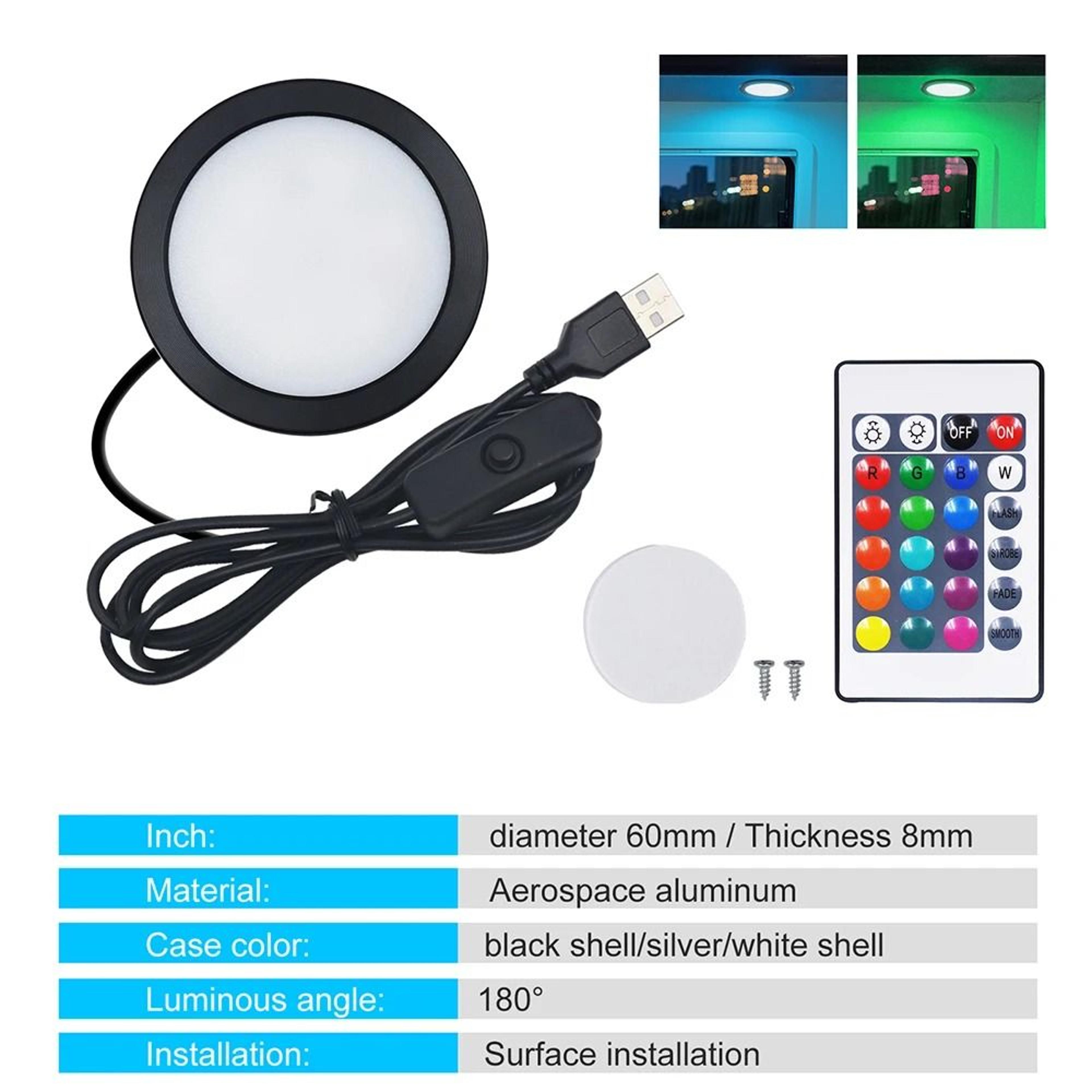 MultiPack 5V RGB LED Puck Cabinet Lights With 24Key Remote  USB Kit 6
