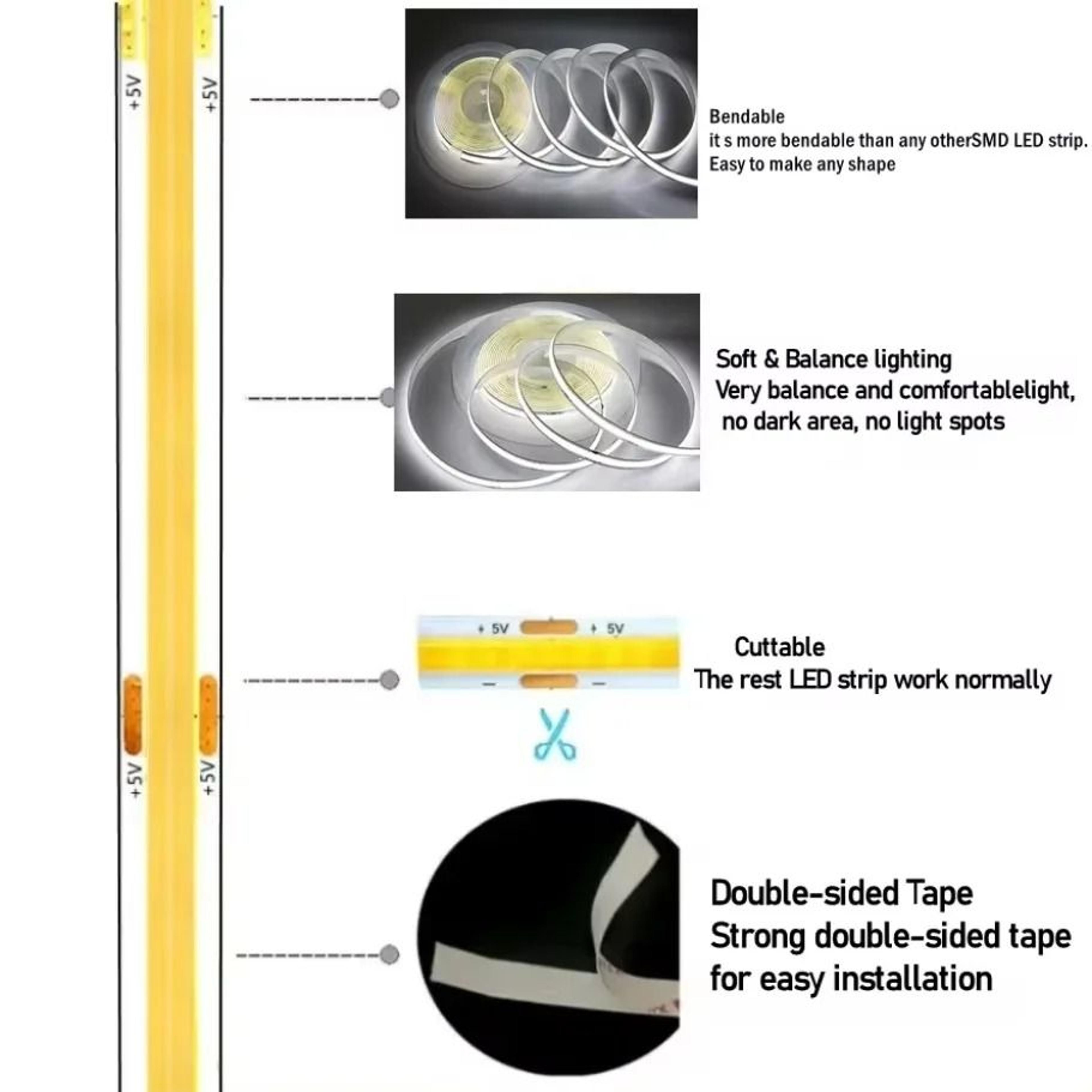 HighDensity 5V USB COB LED Light Strip 320 LEDsm Flexible Ribbon Rope 3