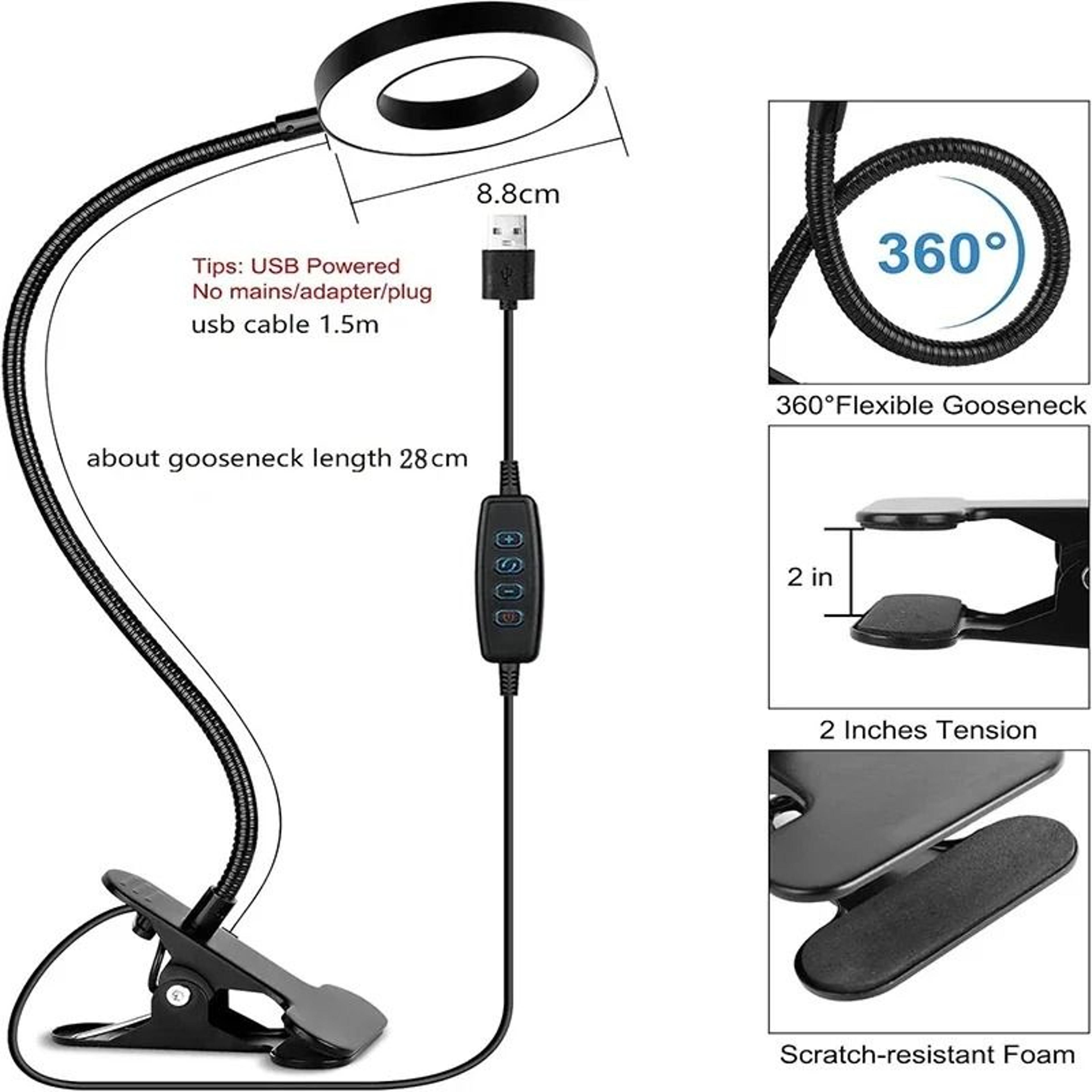 USB Clamp Reading Desk Light 3 Color Modes  10 Dimming Levels With 360 Flexible Gooseneck 3