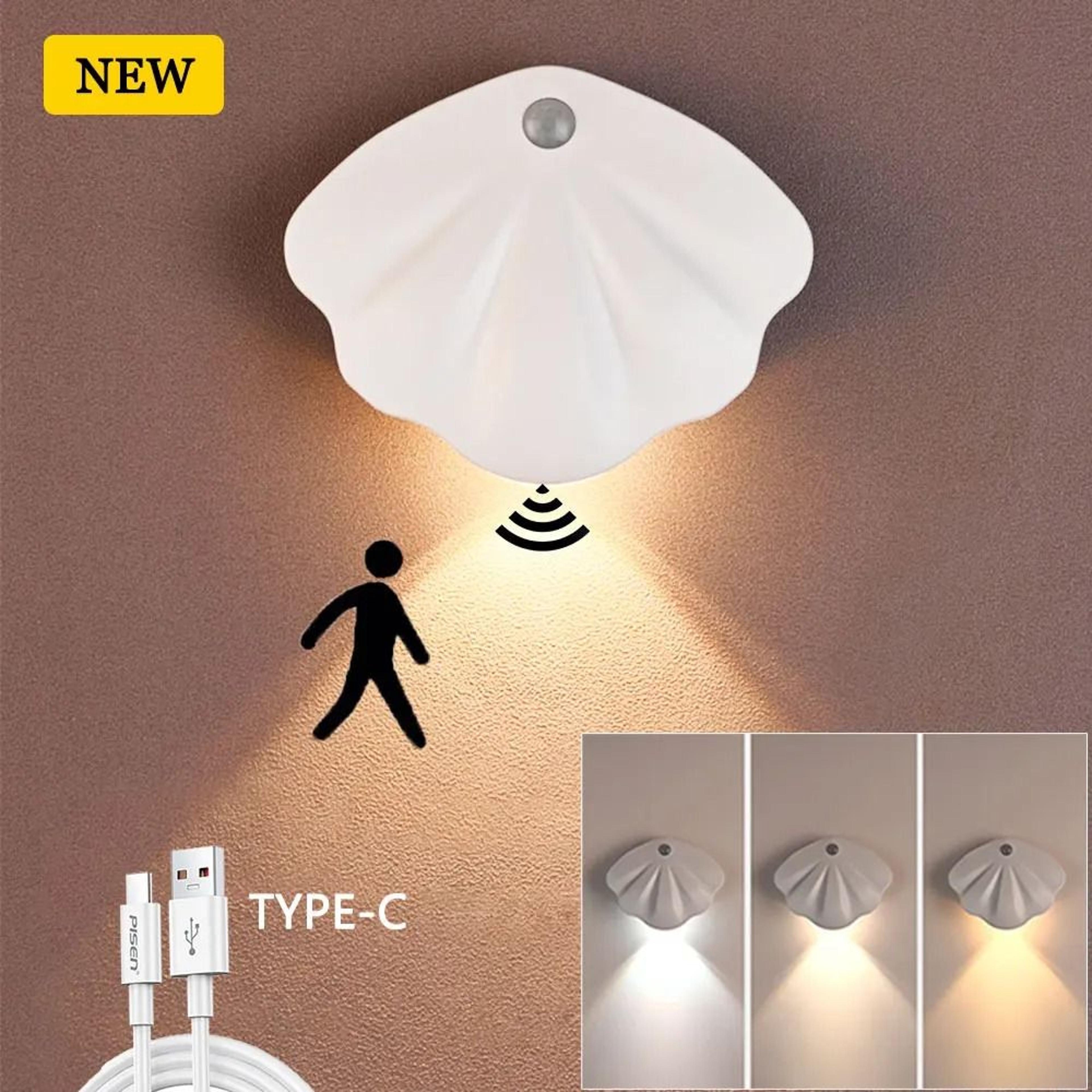 seashell led motion sensor night light (3-color type-c rechargeable wall sconce)