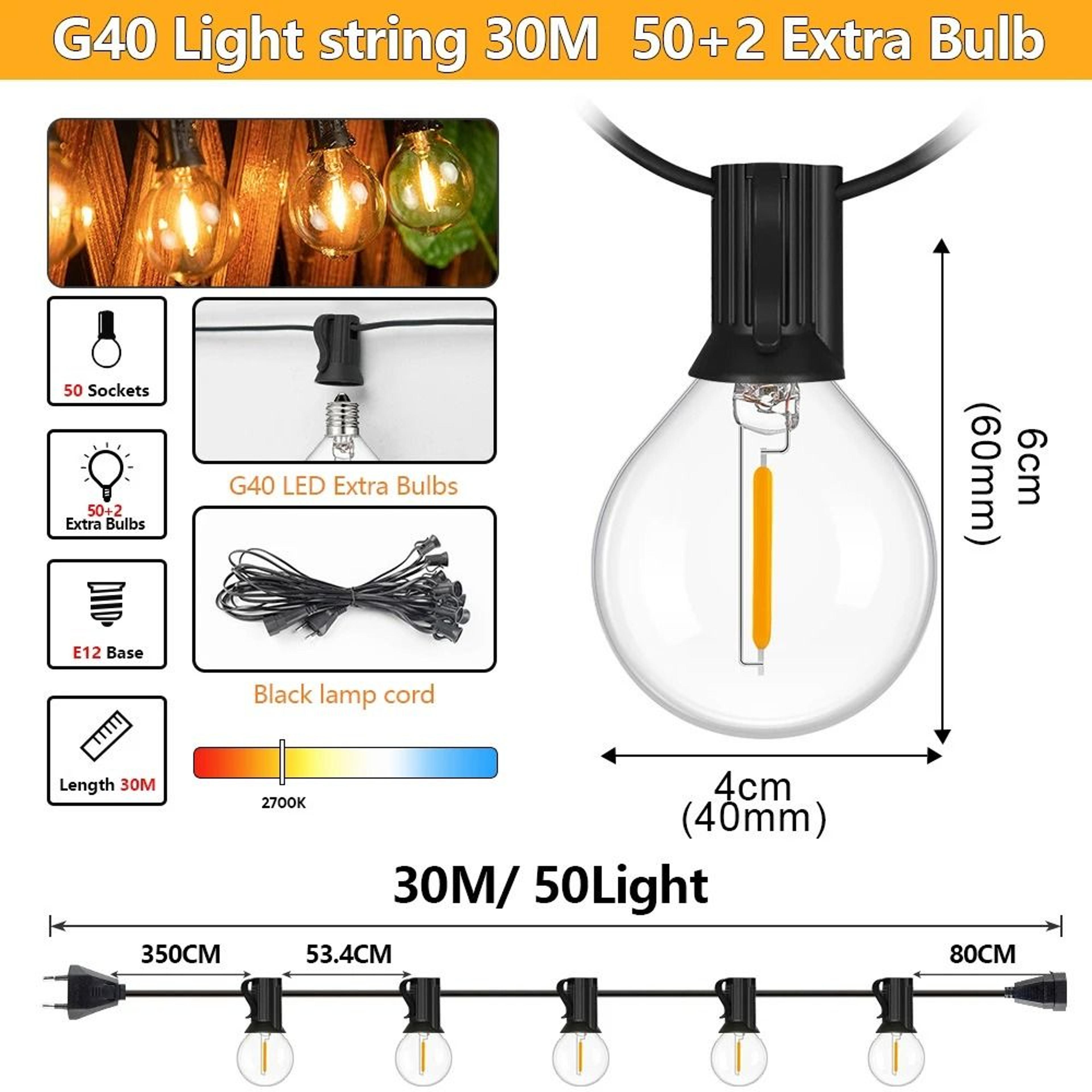 G40 Outdoor CommercialGrade Shatterproof LED Globe String Lights IP44 Waterproof PlugIn 10