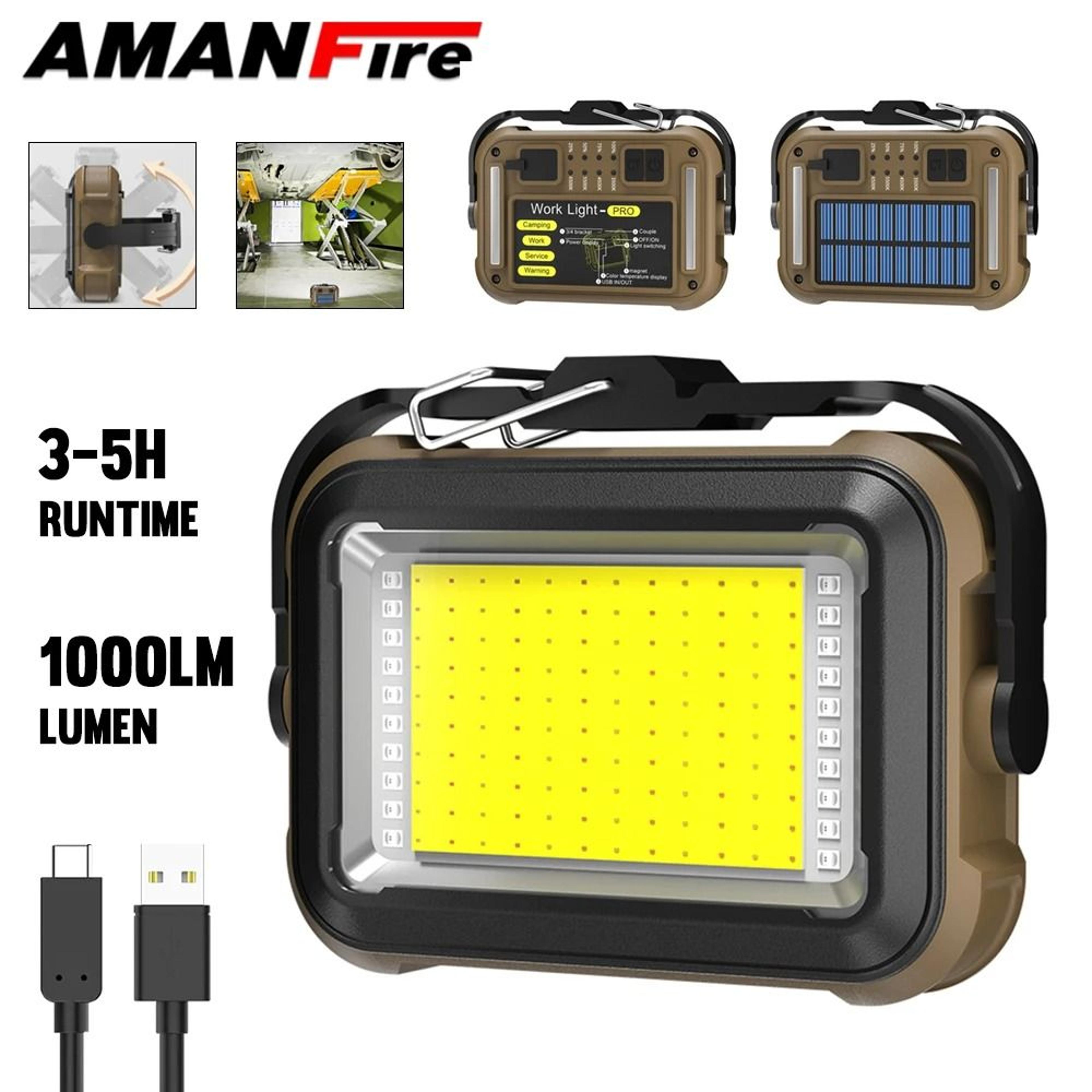 amanfire tzd-03 1000lm solar work light, magnetic portable lantern & emergency power bank