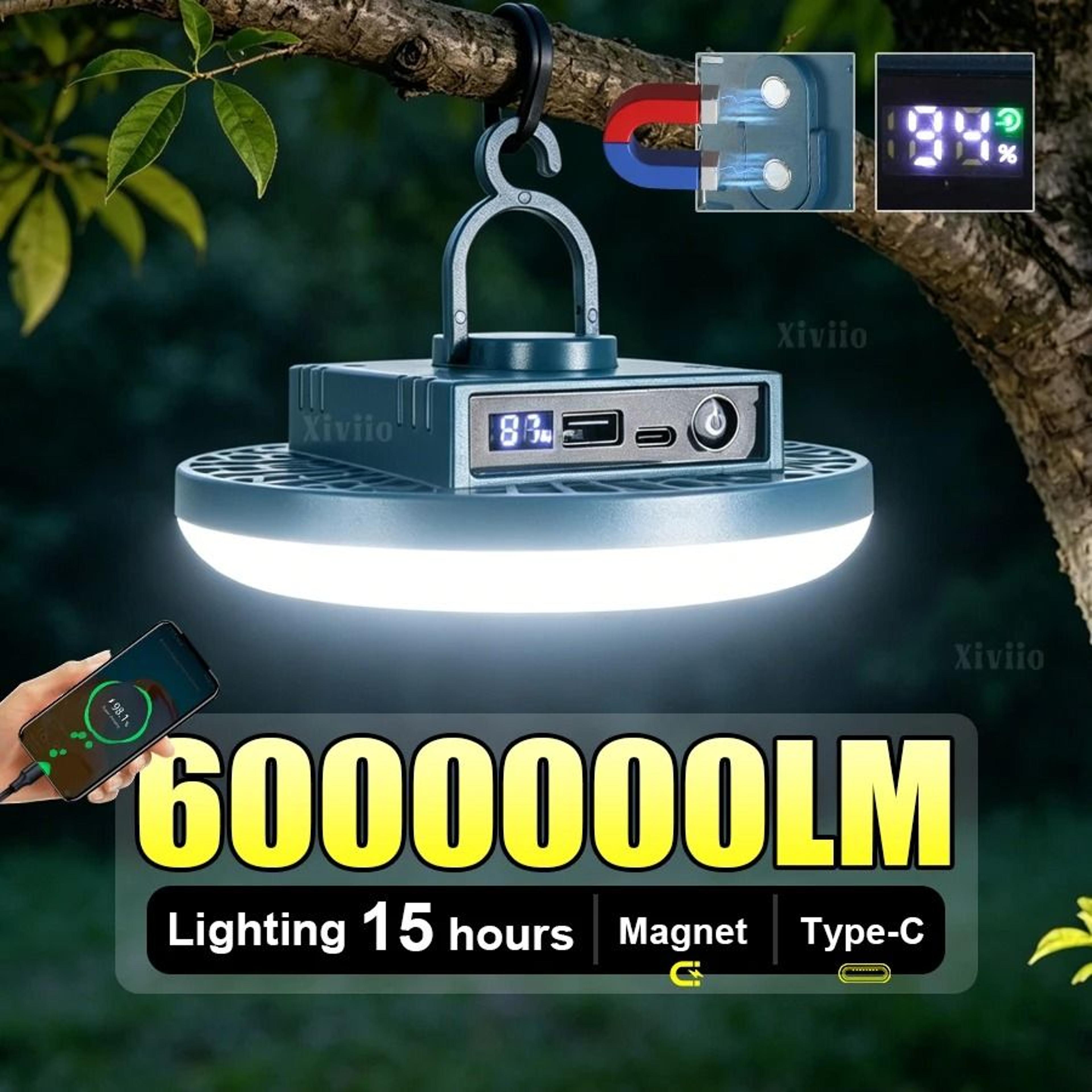 6,000,000lm ultra-bright rechargeable camping lantern & magnetic led work light with power bank