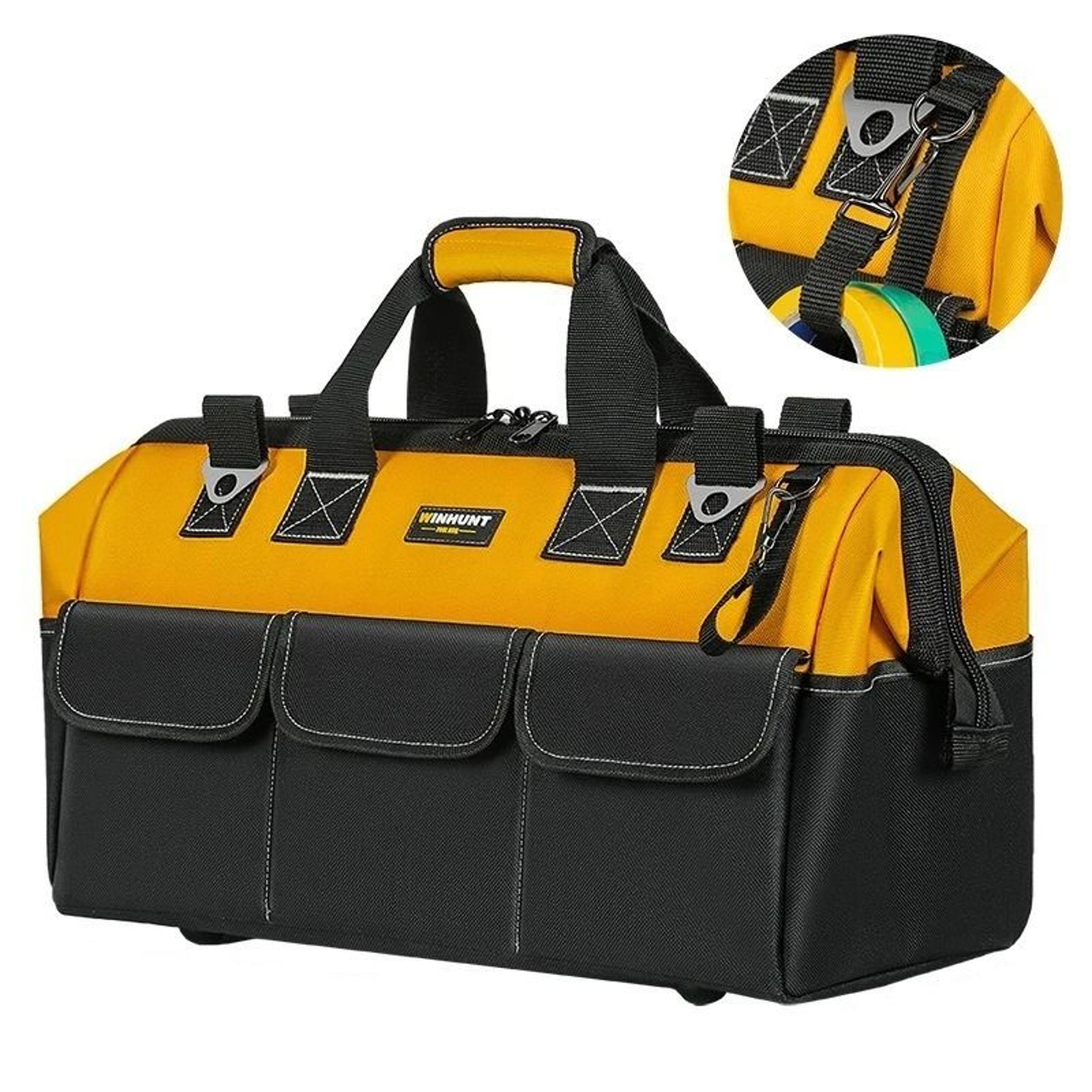 multi-pocket heavy duty tool bag with reinforced bottom portable storage tote for electricians diy