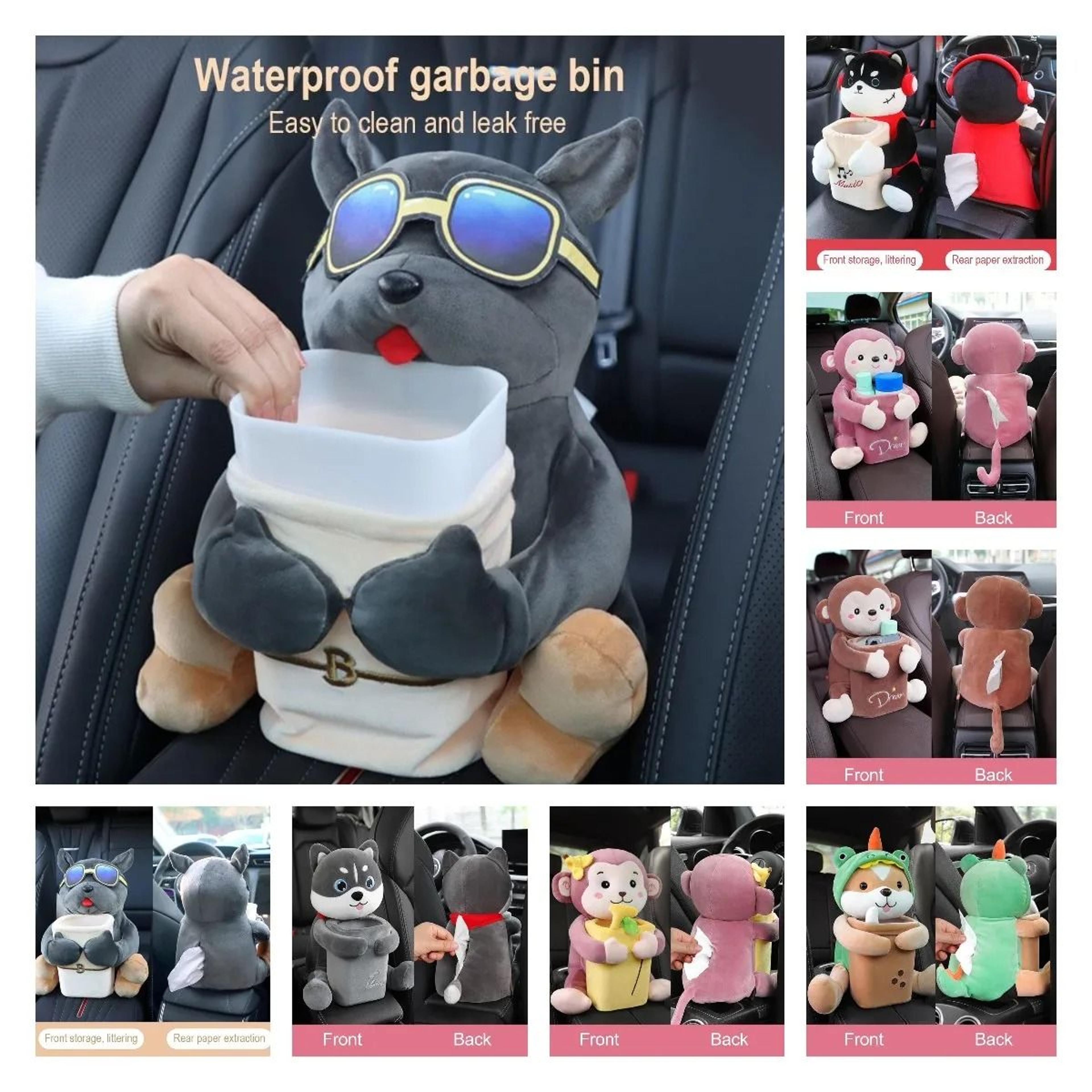 car-mounted 2-in-1 cartoon plush tissue box holder & built-in trash can storage