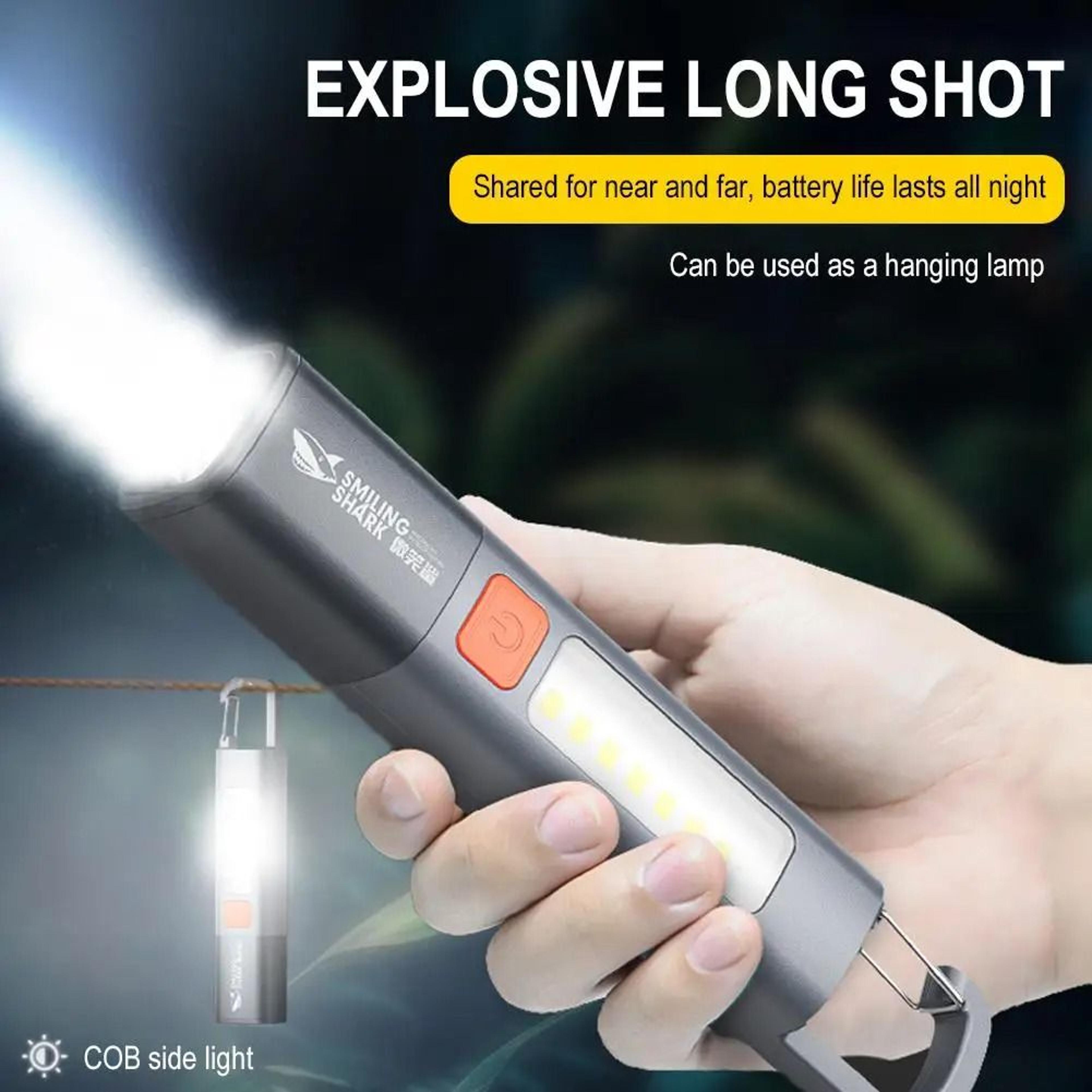 Smiling Shark SD1023 Super Bright LED Flashlight Zoomable USB Rechargeable Camping Light With Hook 0