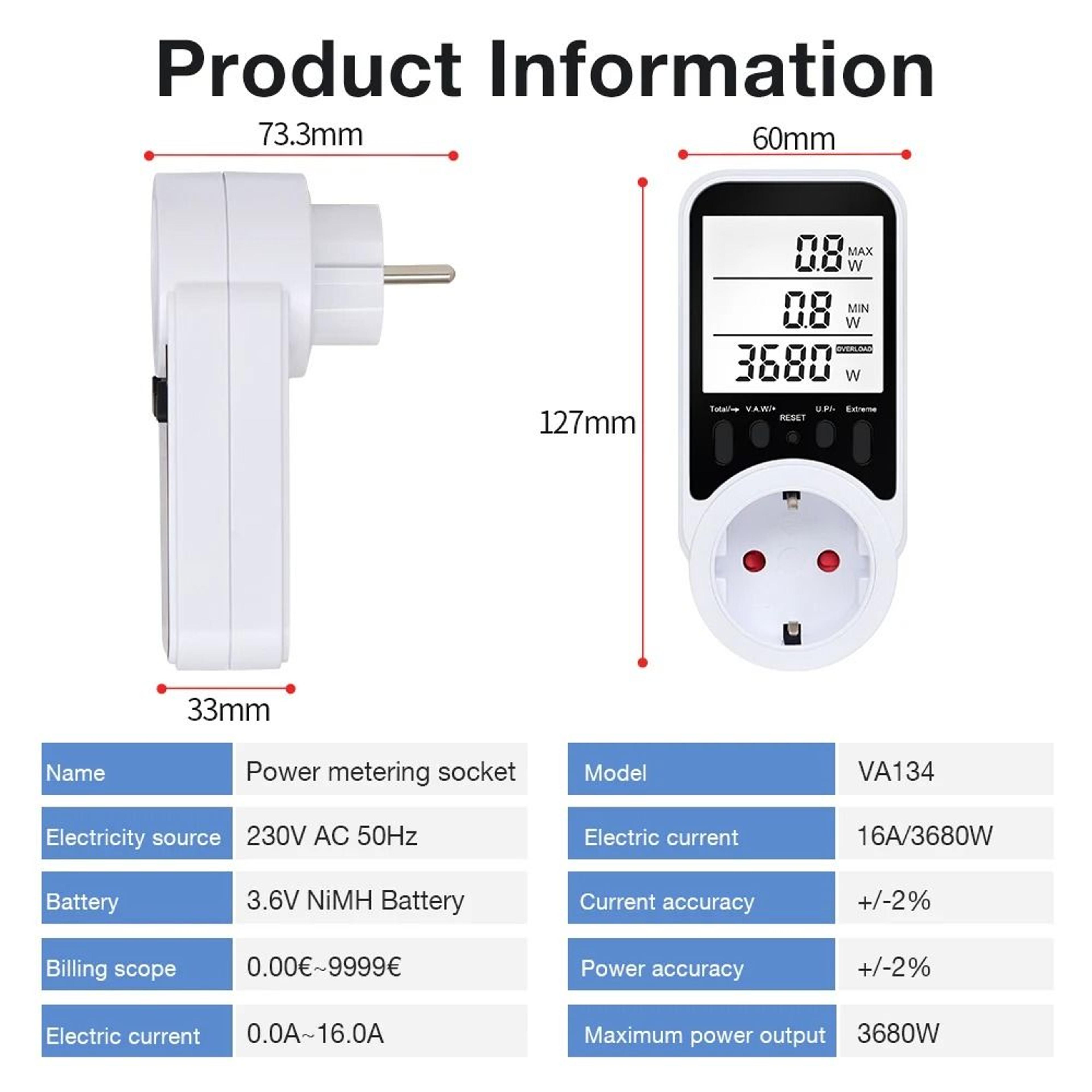 Digital LCD Energy Meter Wattmeter Power Consumption Analyzer Outlet 5