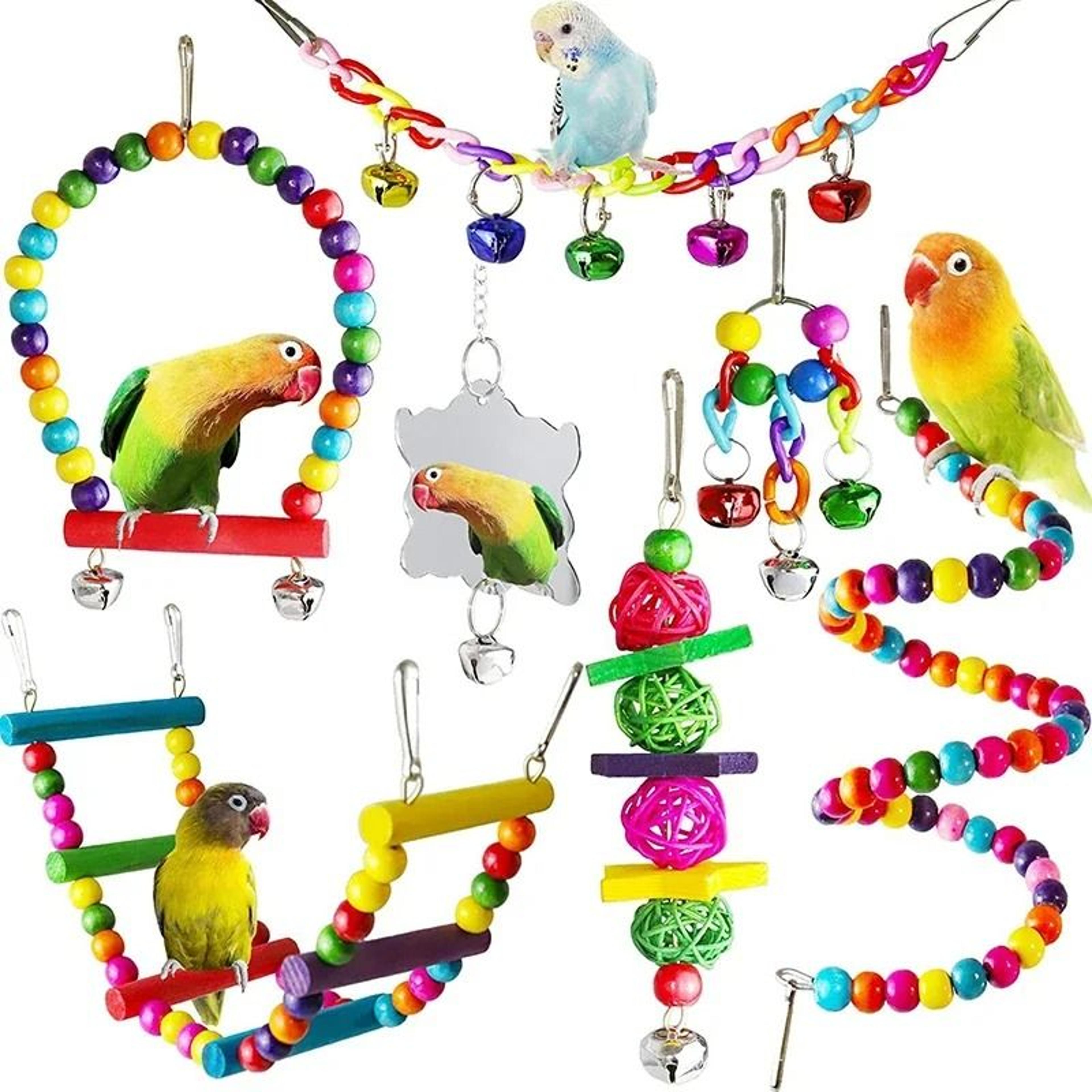 7Piece Wooden Parrot Toys Set With Hanging Bird Cage Accessories Swing Suspension Bridge  Bells 6