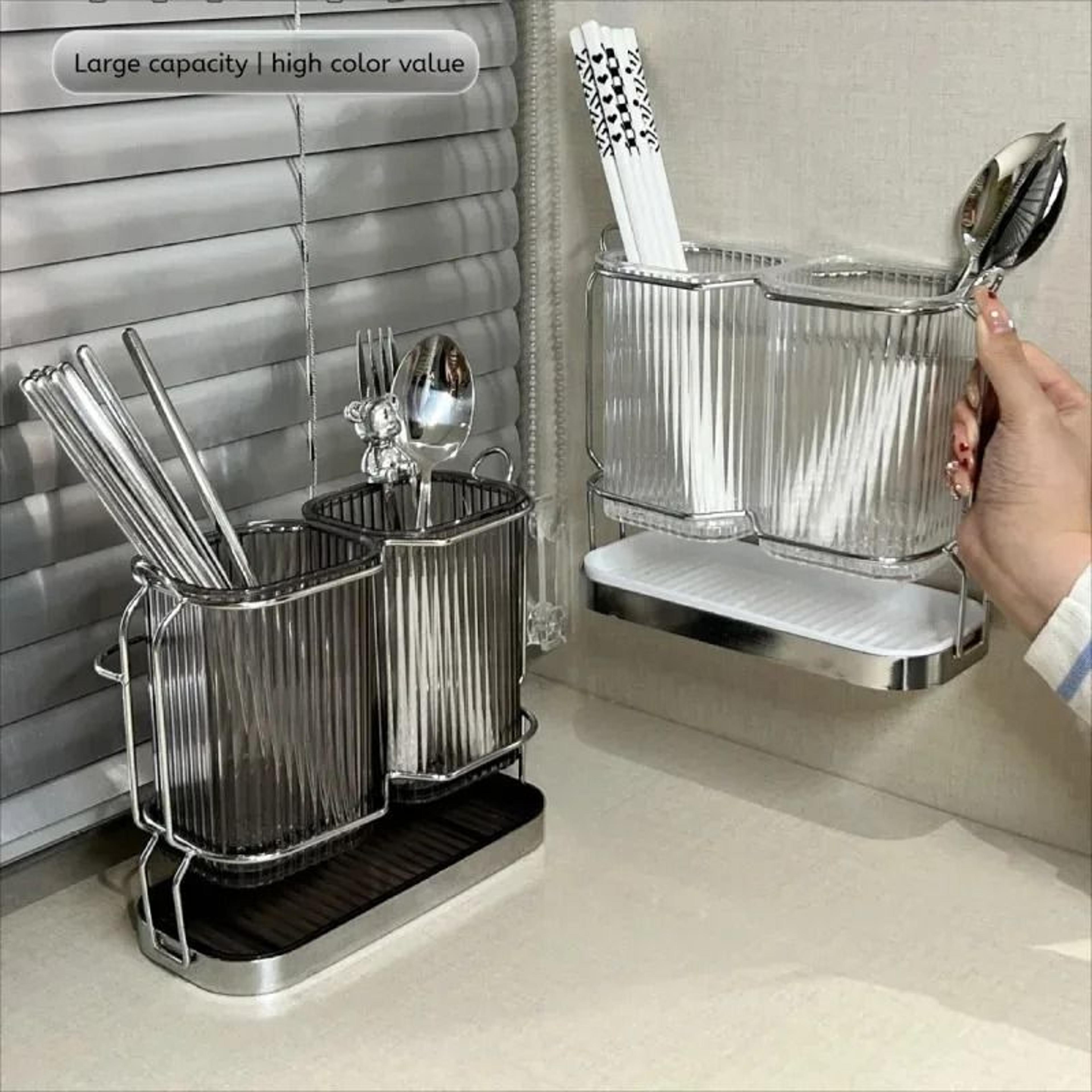 Wall Mounted Light Luxury Kitchen Cutlery Organizer Stainless Steel Chopstick  Spoon Drying Rack 1