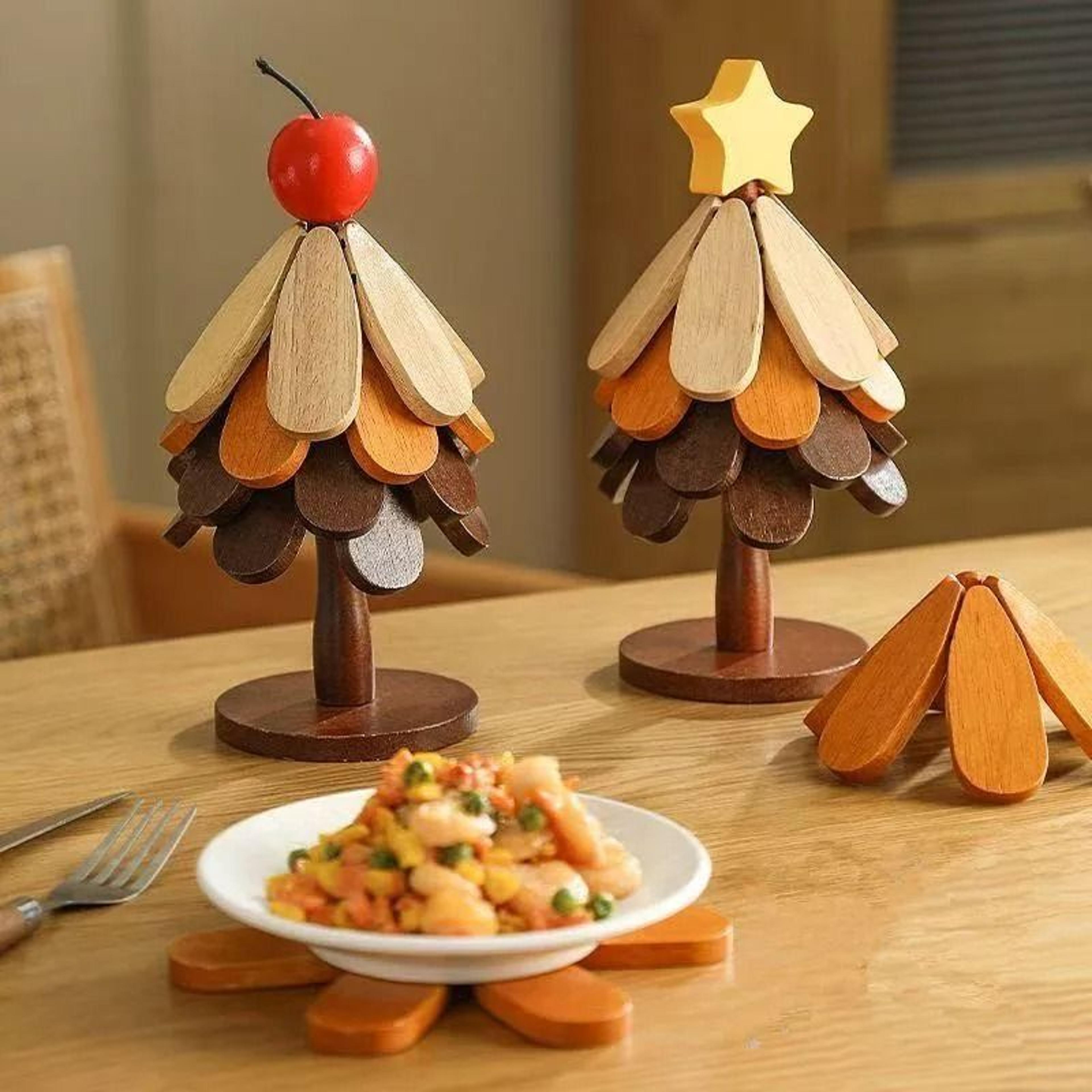Tree Shape Wooden Insulation Mat Set Solid Wood AntiScalding Coaster  Pot Trivet Set 0