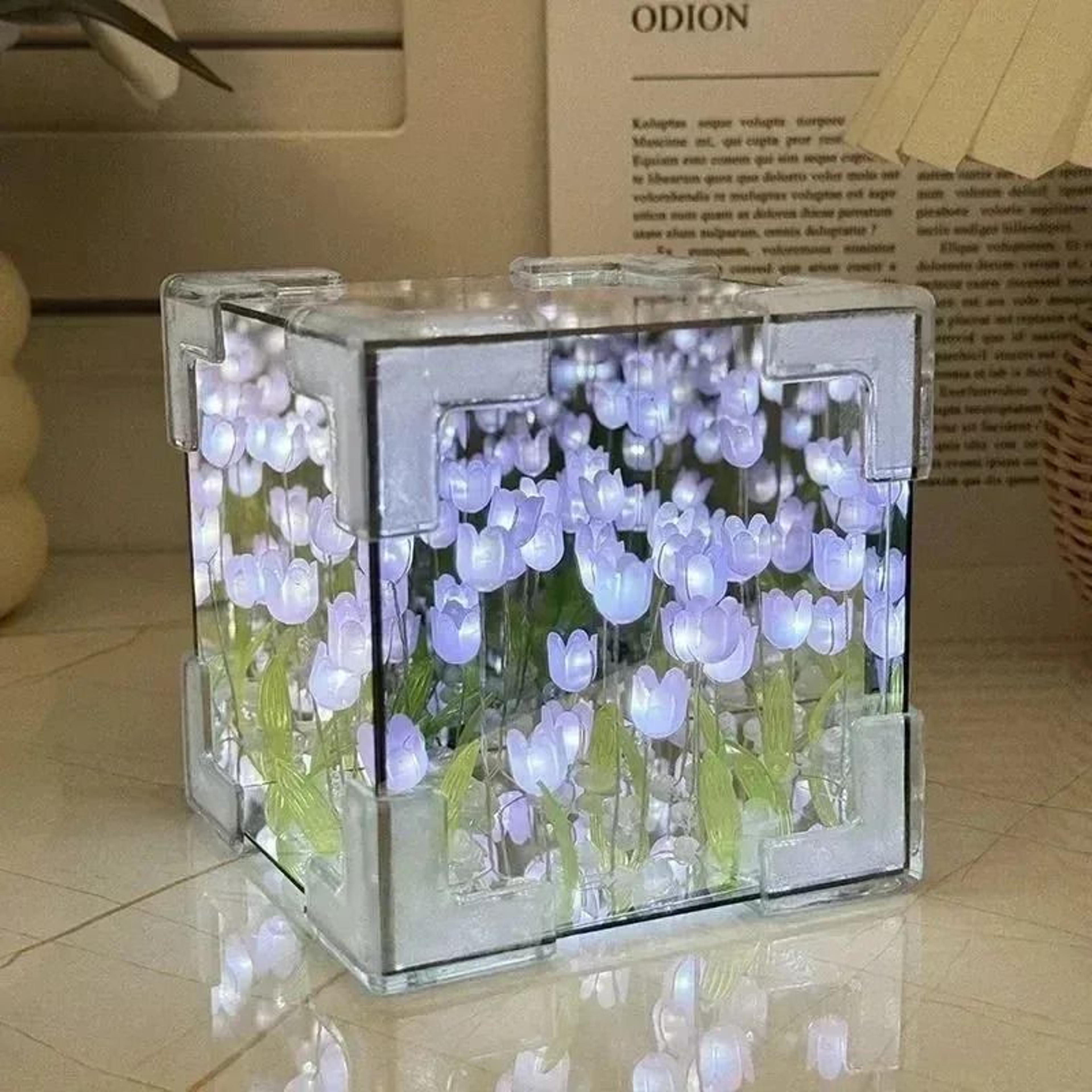 DIY Handmade Tulip Mirror Cube Night Light Simulation Flower Sleeping Table Lamp 2