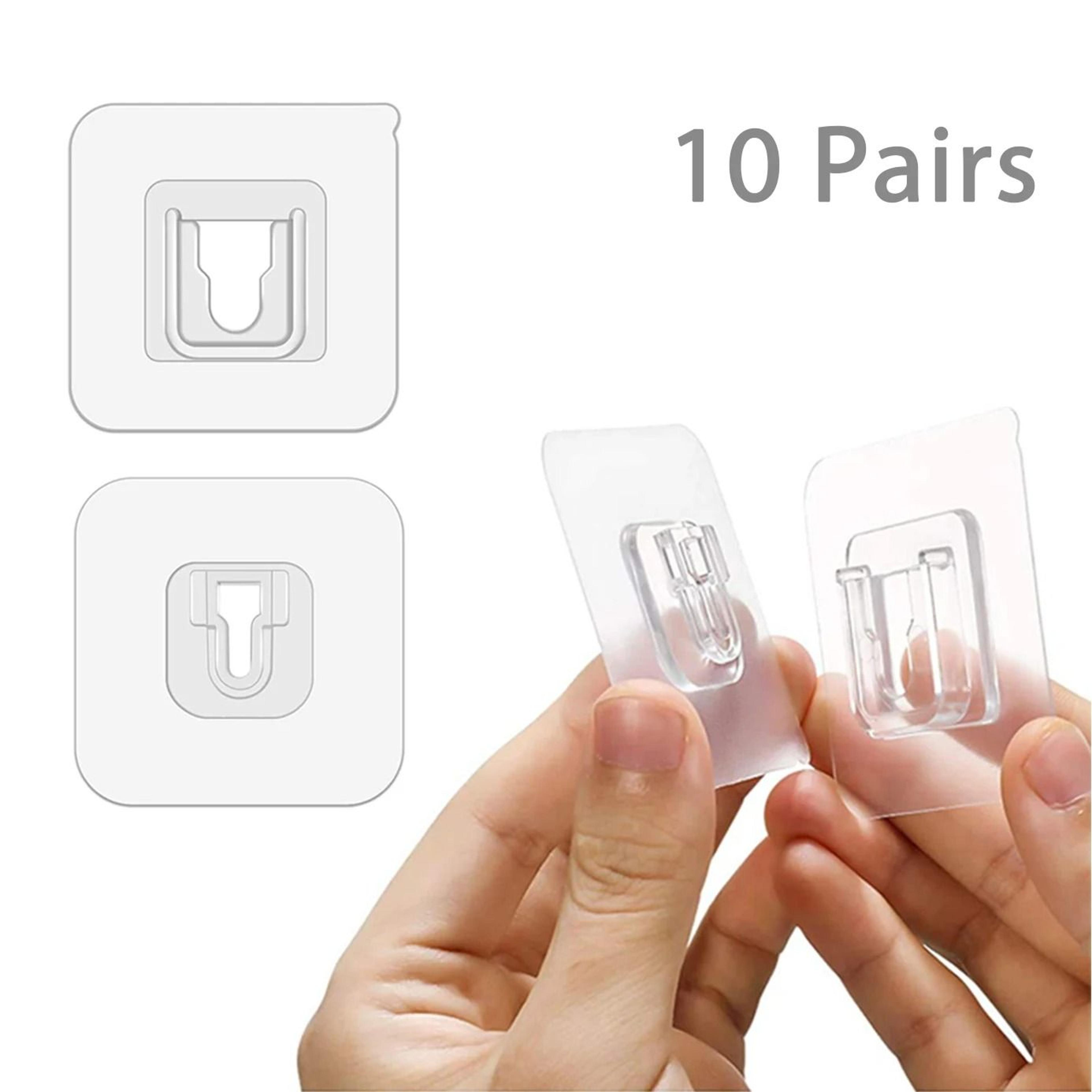 10-pair heavy-duty double-sided adhesive wall hooks & transparent interlocking buckles