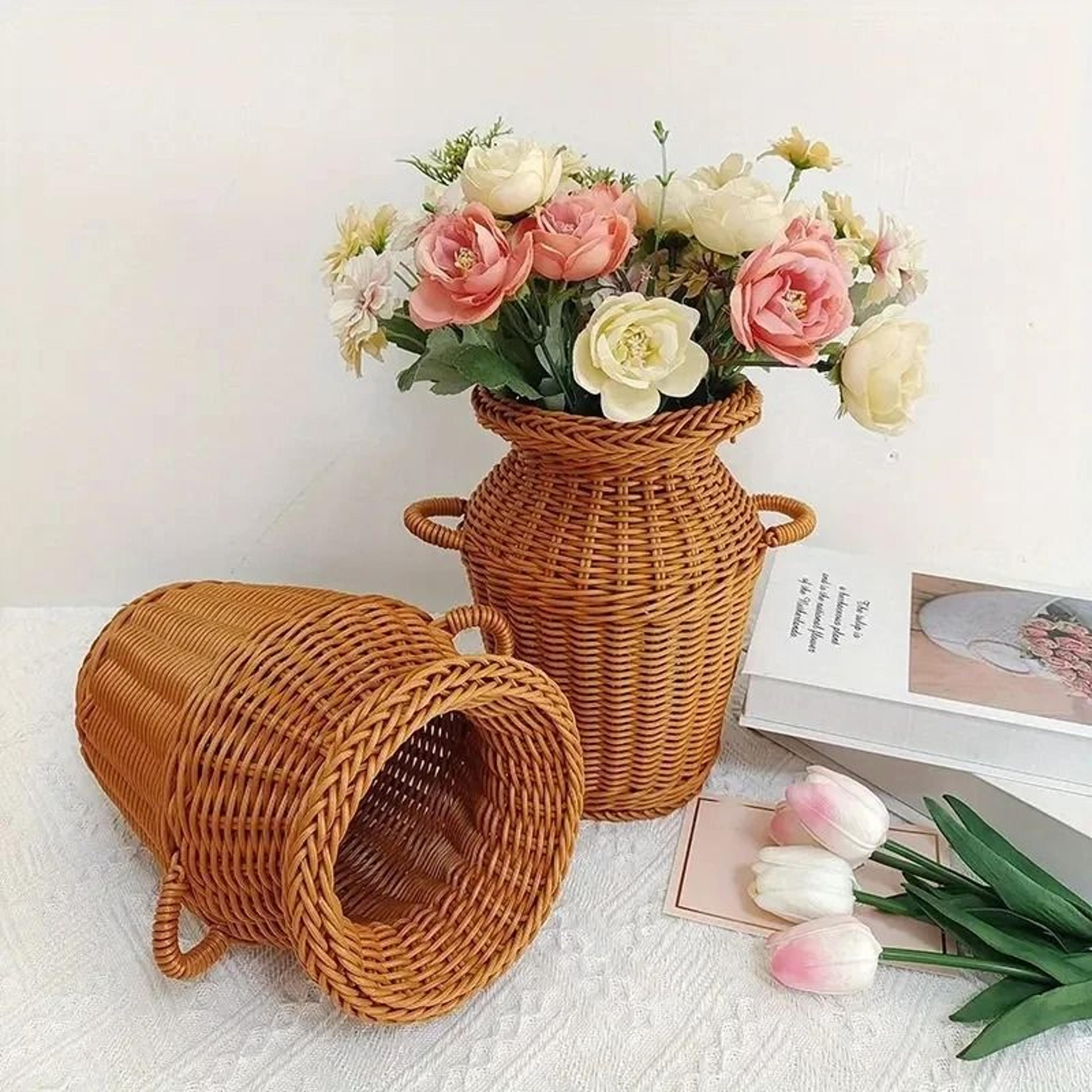 classic woven rattan flower basket & chinese retro desktop floral vases & decor
