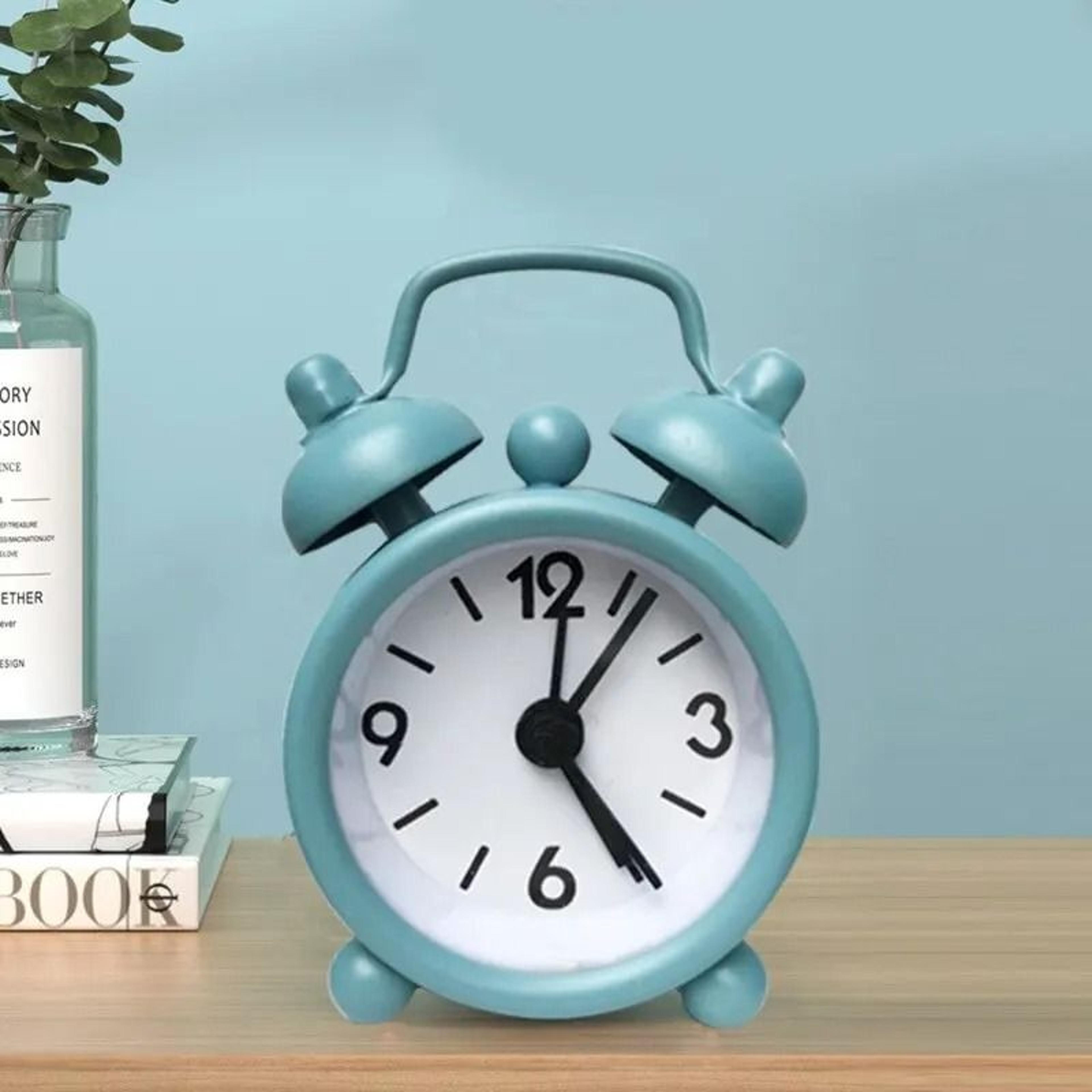 mini metal round quartz alarm clock & portable blue desktop decoration
