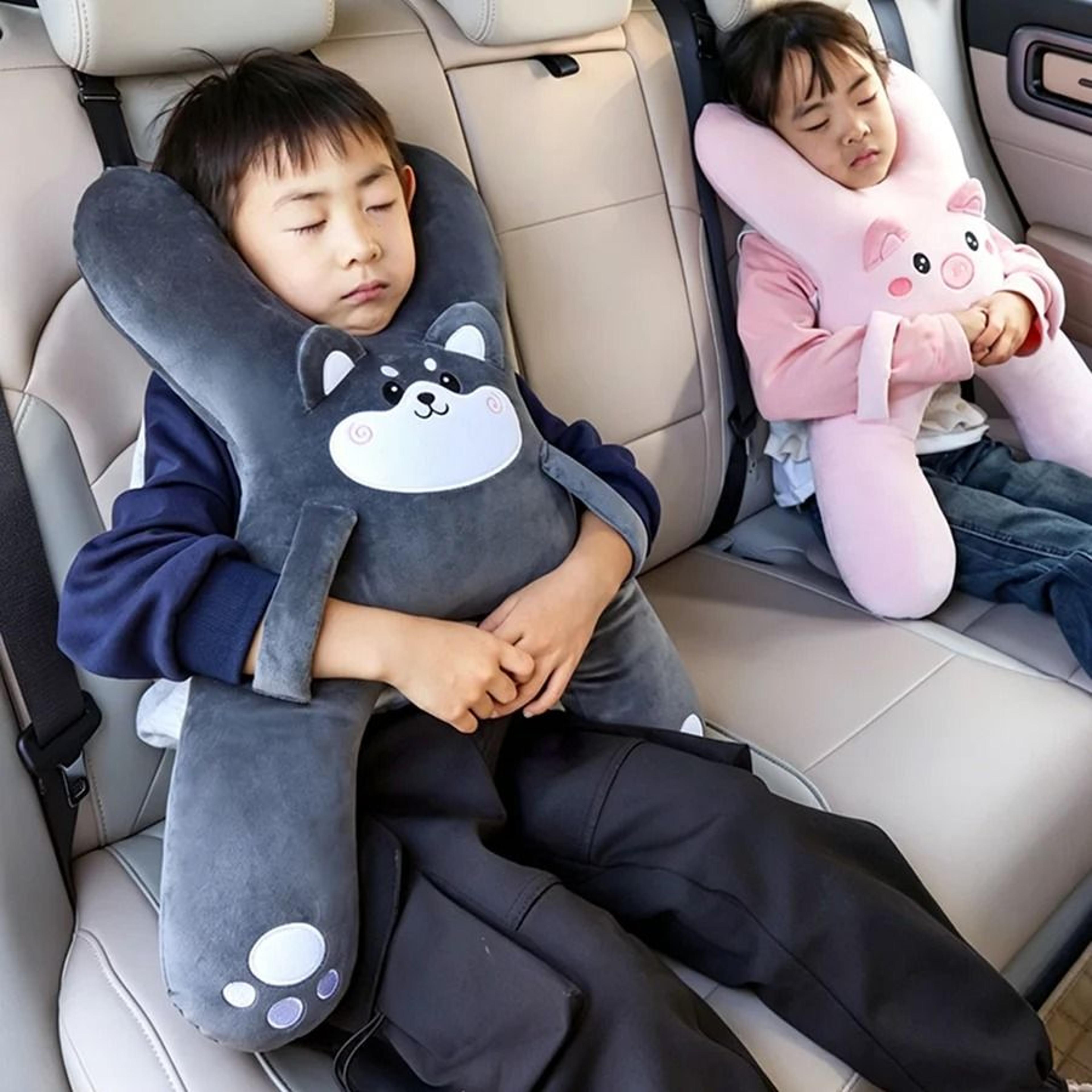 kids car neck pillow with seat belt safety strap & anti-leaning head sleep support