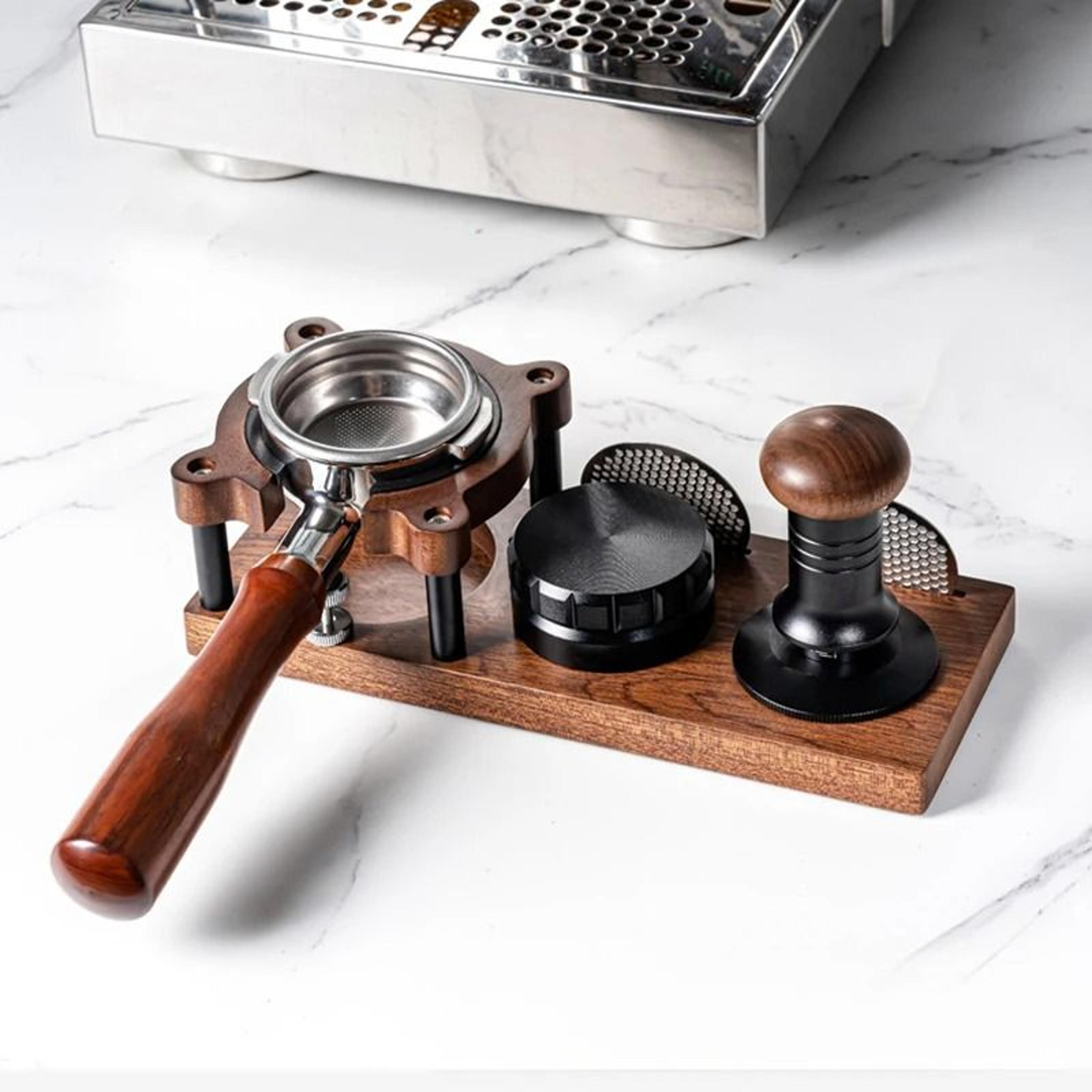 solid wood espresso tamper station stand & universal portafilter tamping organizer