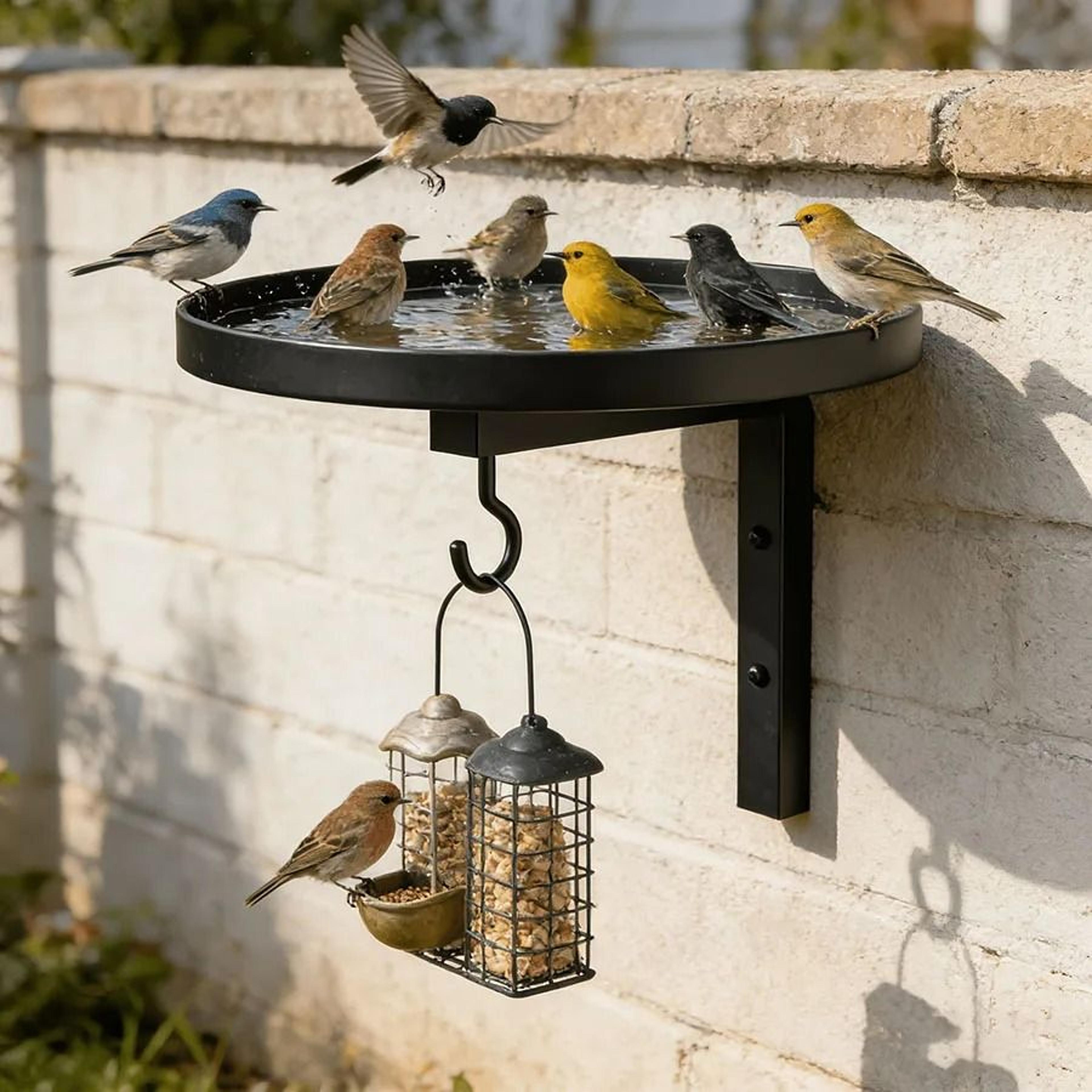 WallMounted Metal Bird Bath  Feeder Hook  Outdoor Garden Patio  Fence Decor 2
