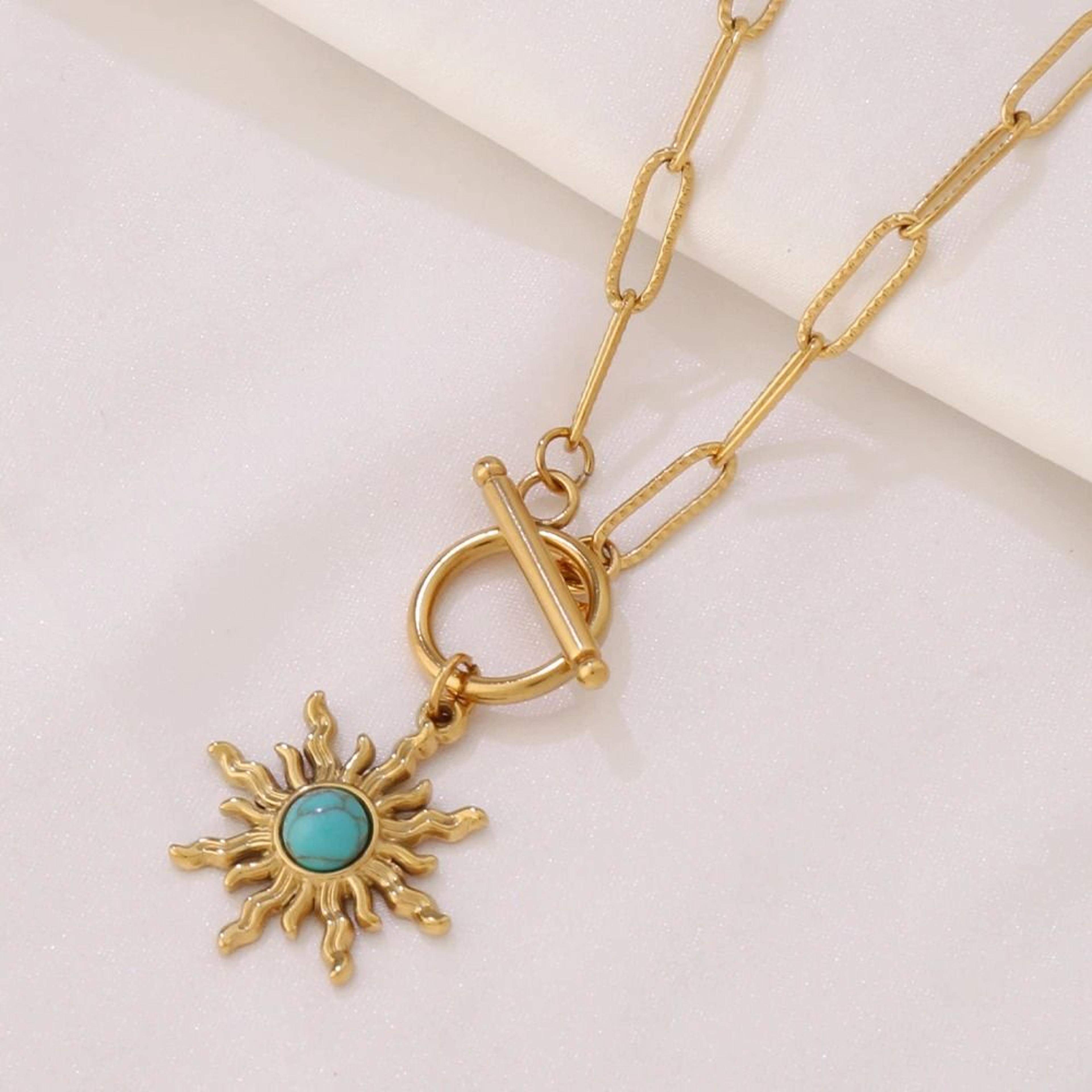 316L Stainless Steel Turquoise Sun Pendant Necklace  Gold Boho Celestial Choker 2