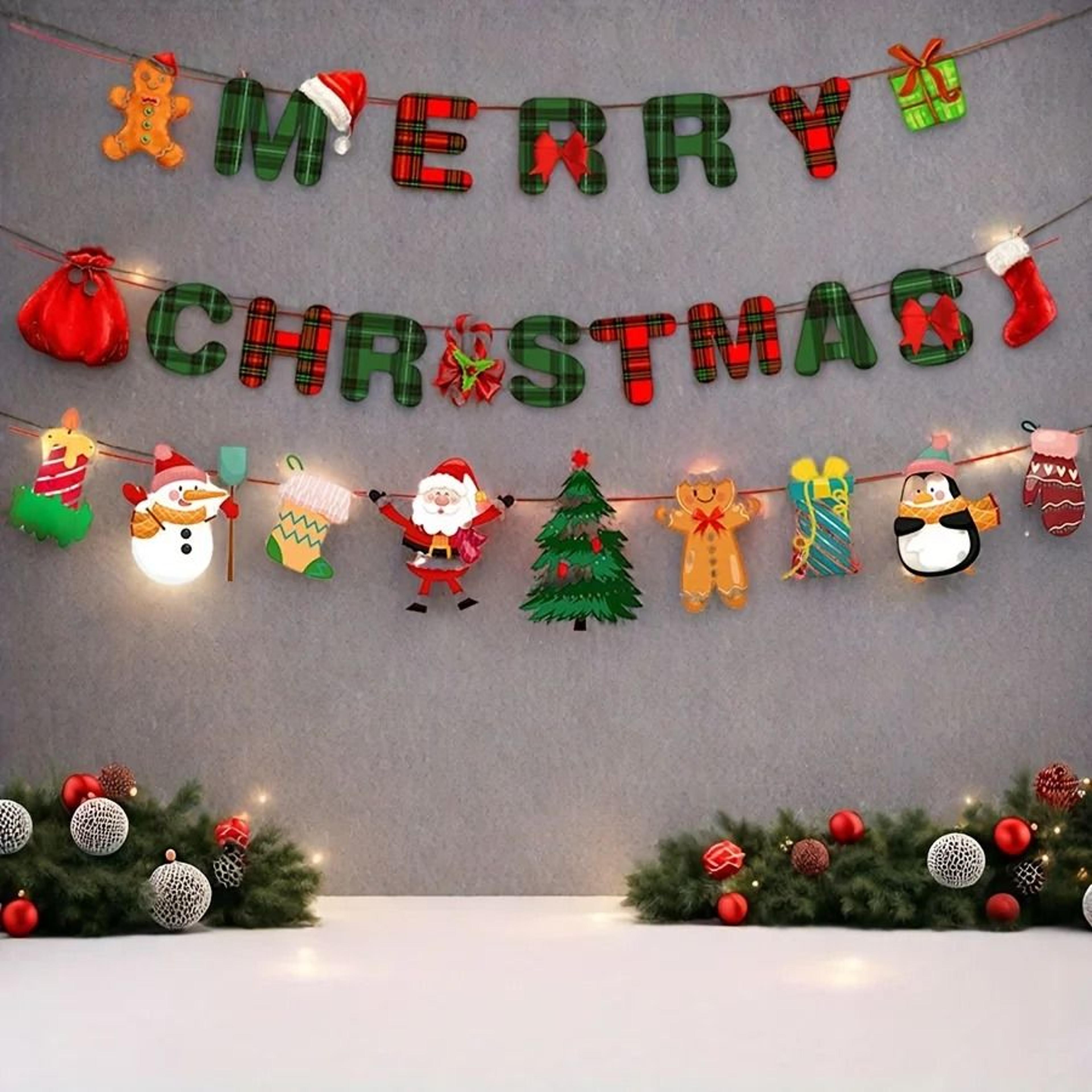 Merry Christmas Paper Hanging Banner Set  Santa Claus  Snowman Red  Green Holiday Garland Pendant D 6