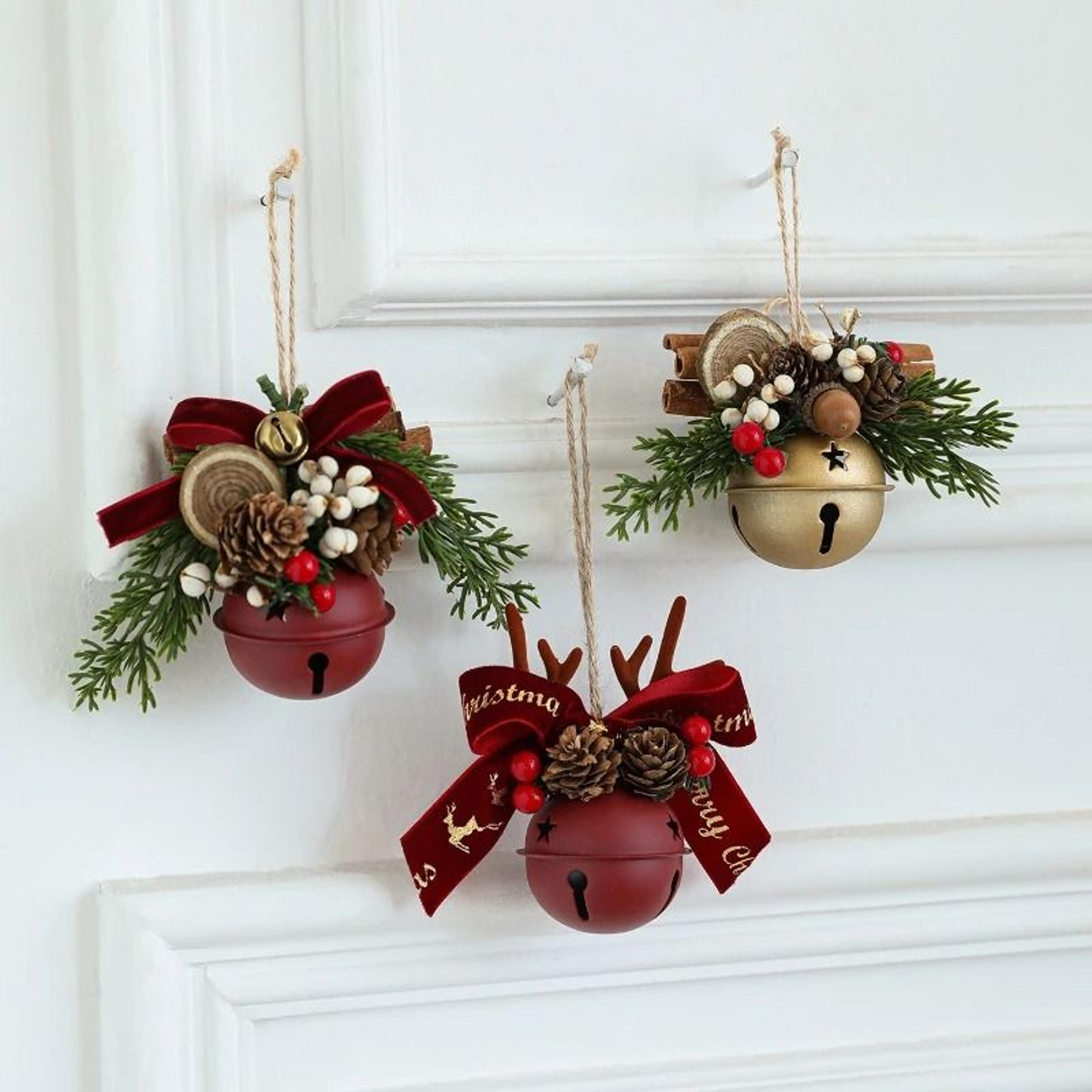 Christmas Bell Antlers Bow  Pinecone Mixed Pendant  Festive Tree Window Showcase  Car Hanging Decor 3
