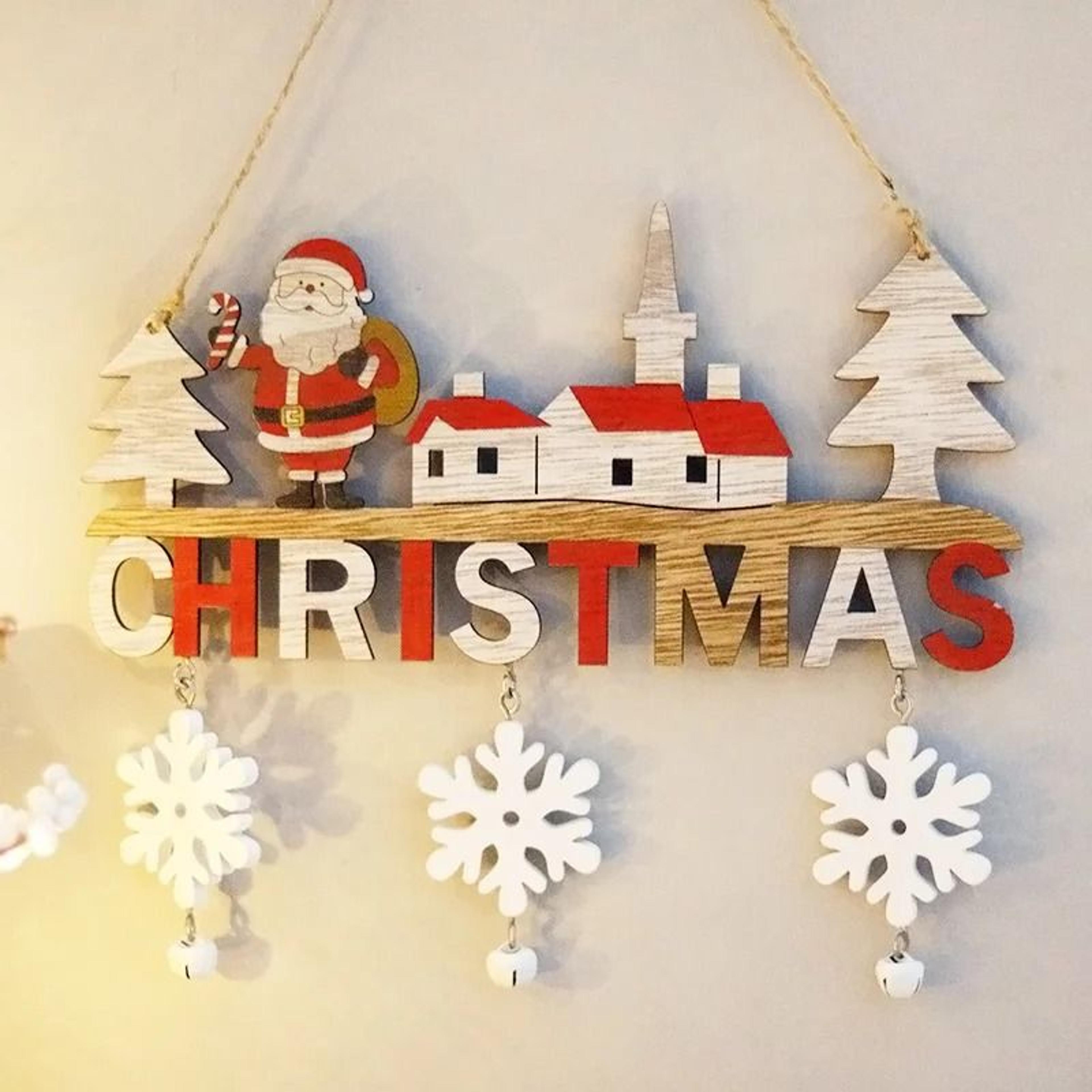 christmas letter door sign - snowman, santa & reindeer wooden handicraft pendant