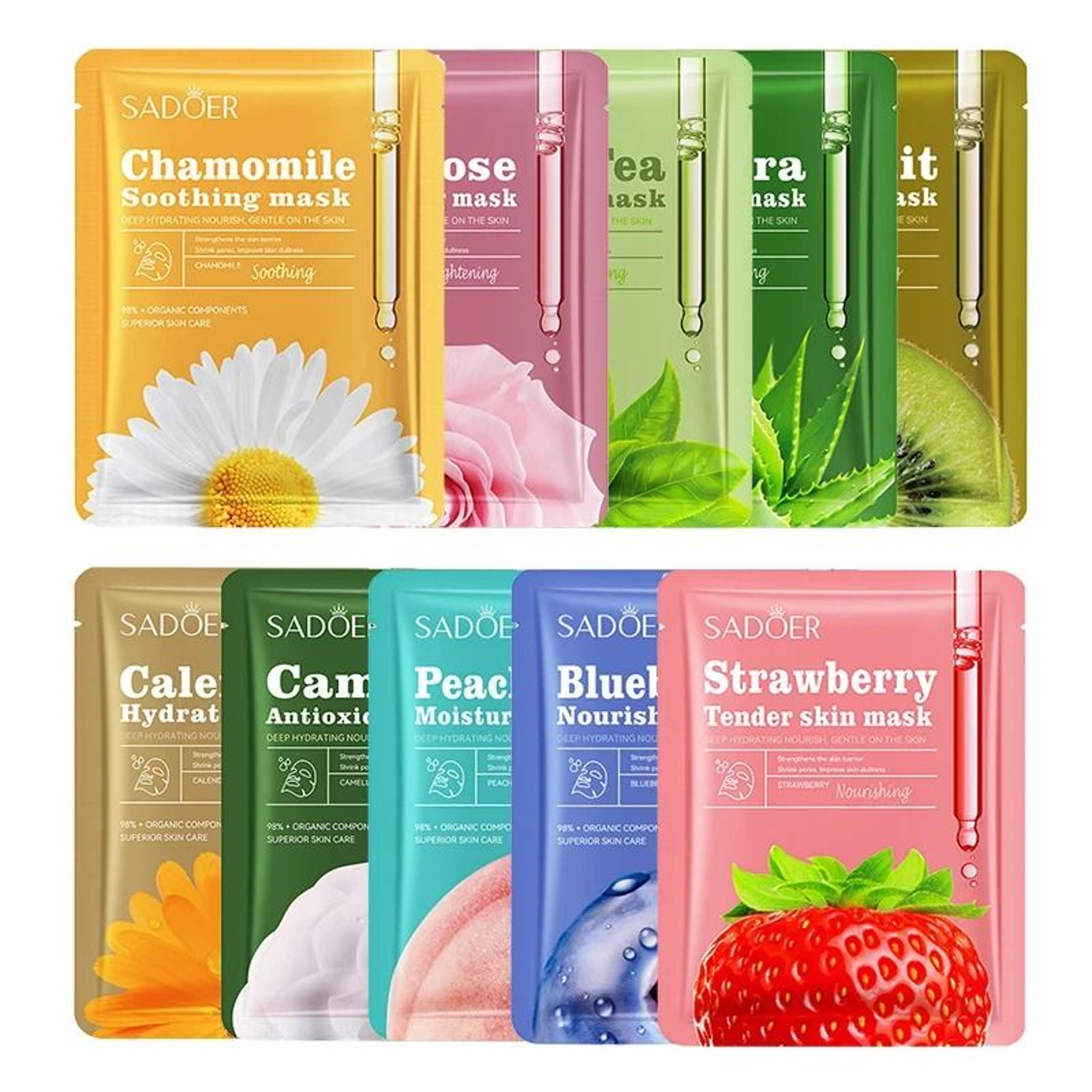 10-piece sadoer fruit & floral sheet mask set - hydrating, moisturizing & firming facial masks