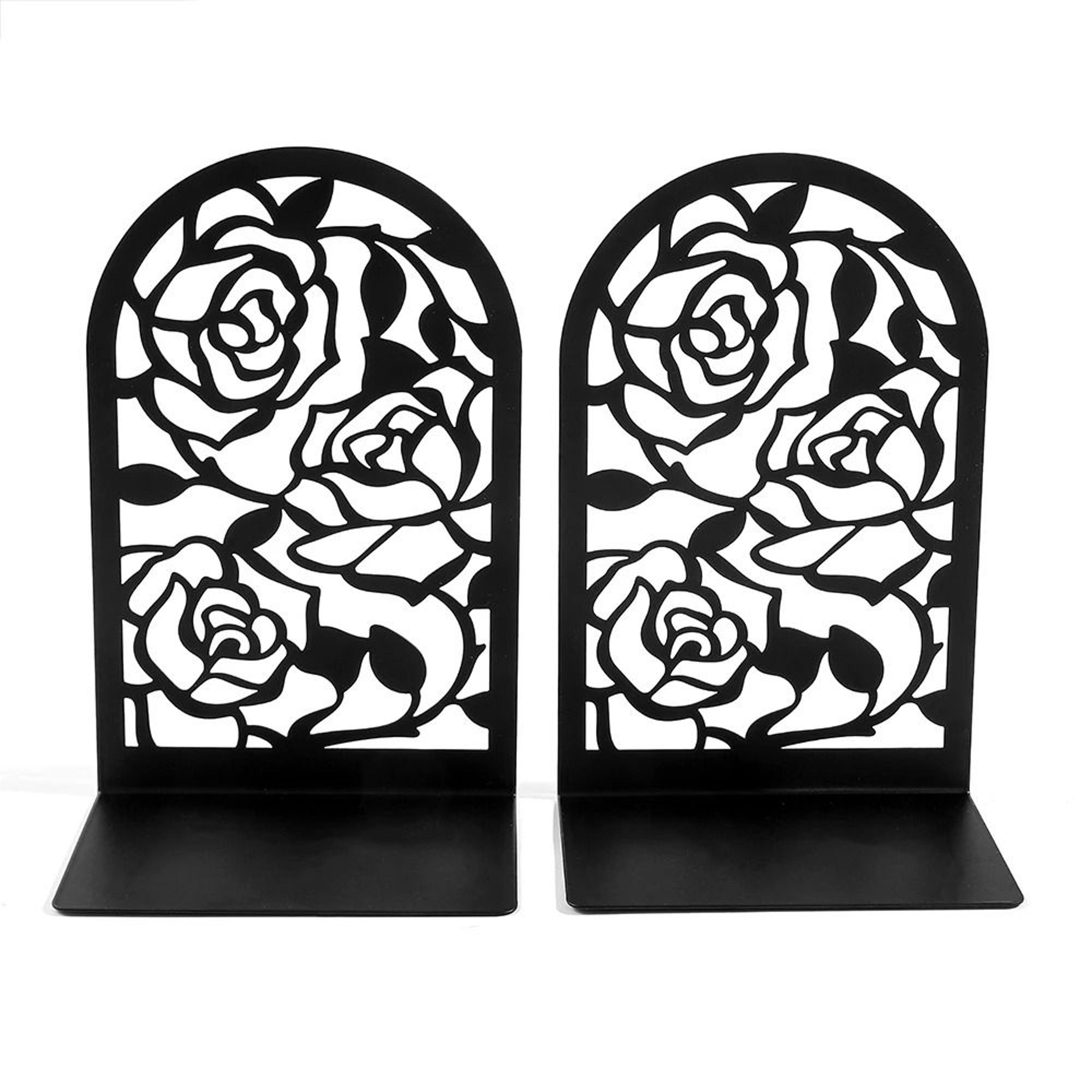 2-piece vintage rose metal bookends - decorative floral desktop & bookshelf holder set