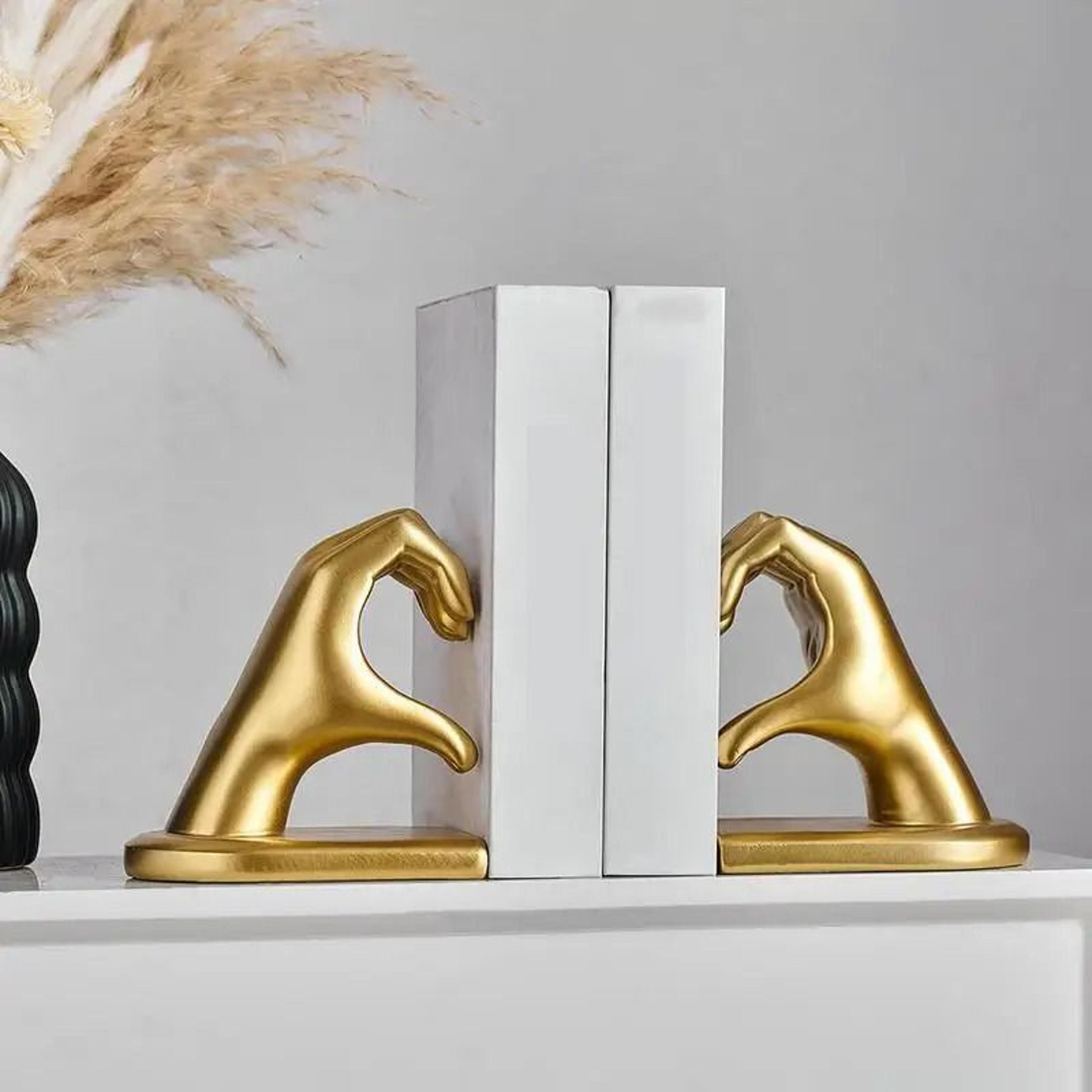 Gold Decorative Finger Heart Statue Bookends  Modern HeartShape Sculpture Book Supports For Bookshe 0