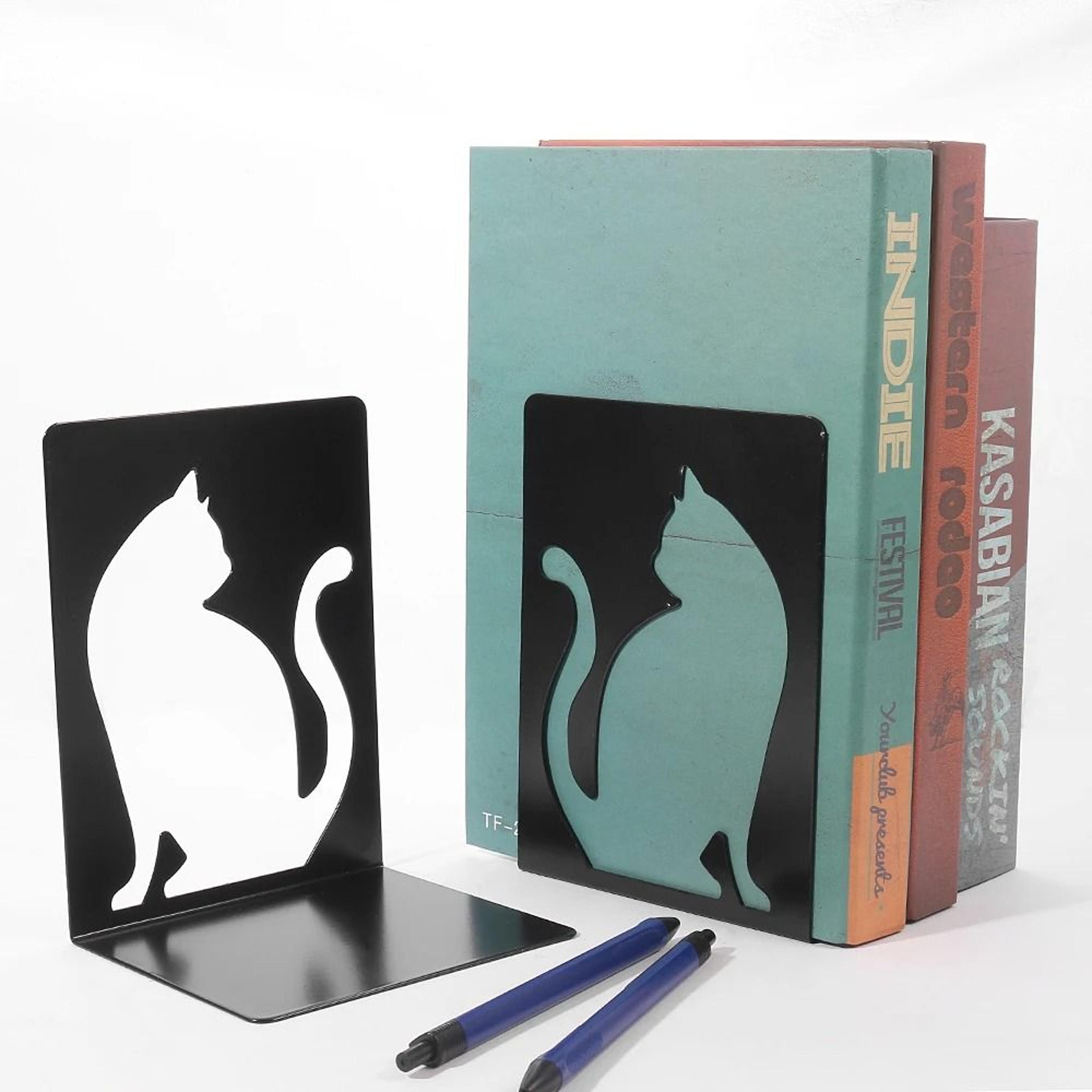 2-piece charming cat metal bookends - decorative heavy-duty iron desktop & bookshelf holder set