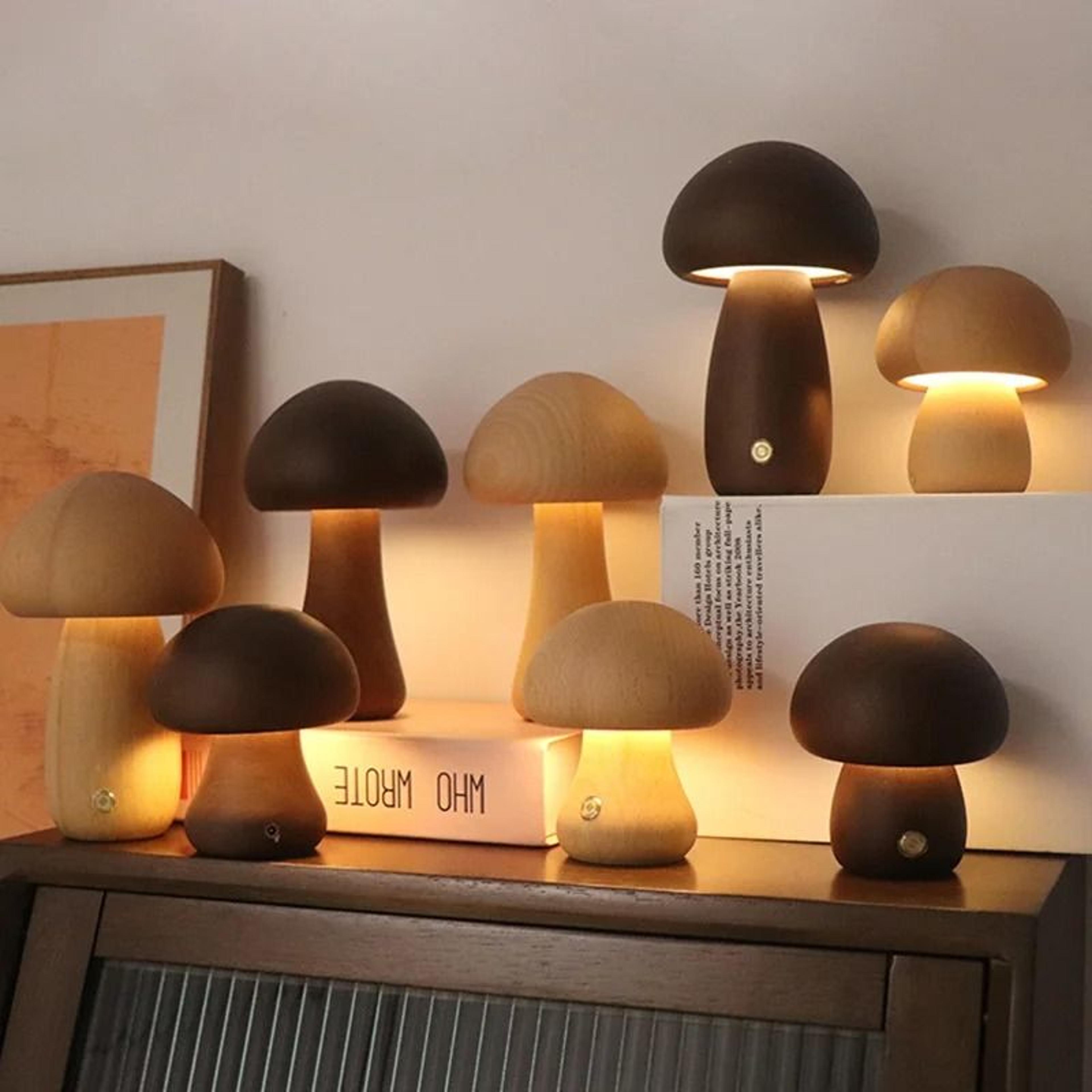 wooden mushroom led touch night light - dimmable walnut & beech usb bedside lamp