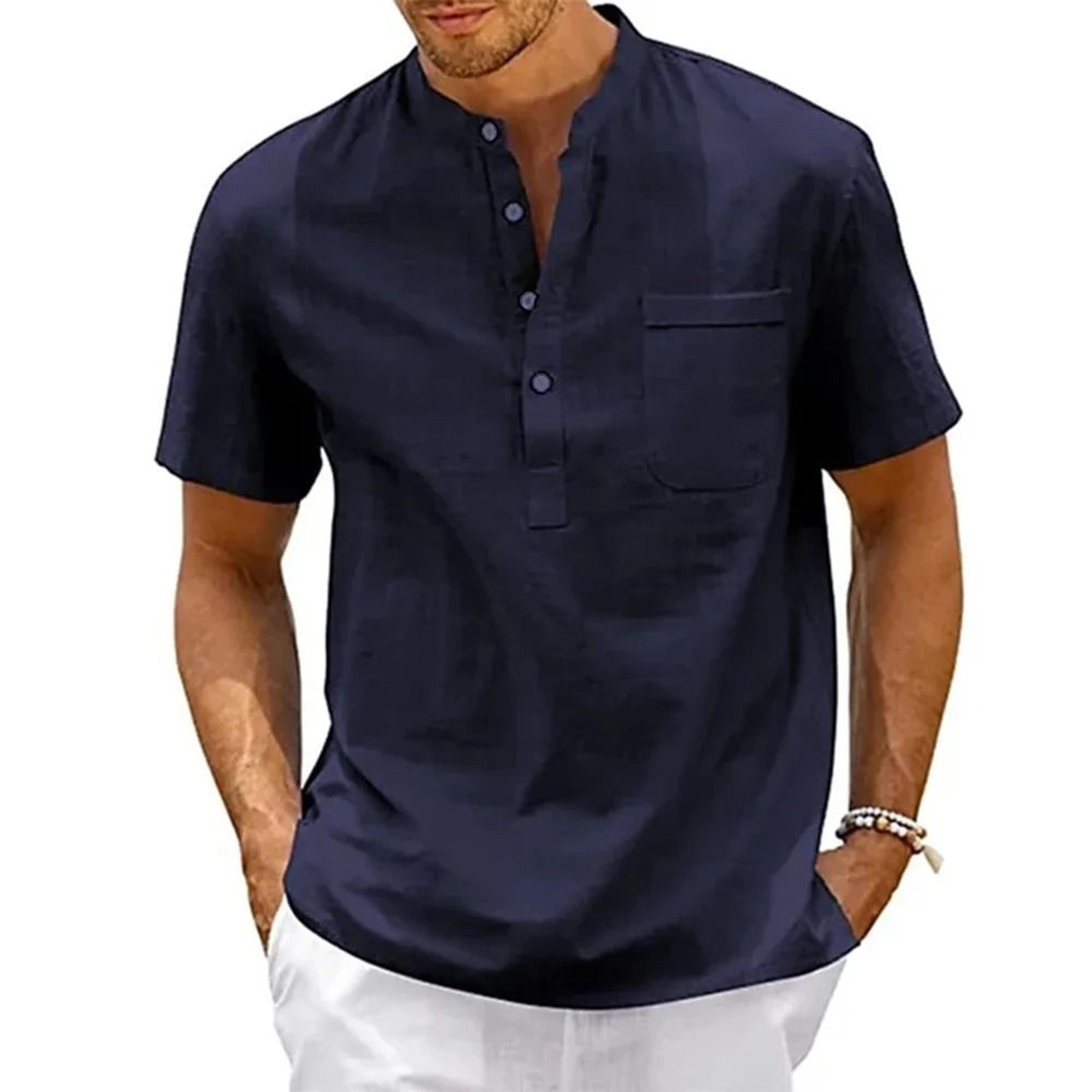 Mens Cotton Linen Henley Shirt  Casual Short Sleeve Beach Top With Pocket  Vintage Streetwear Fit 12