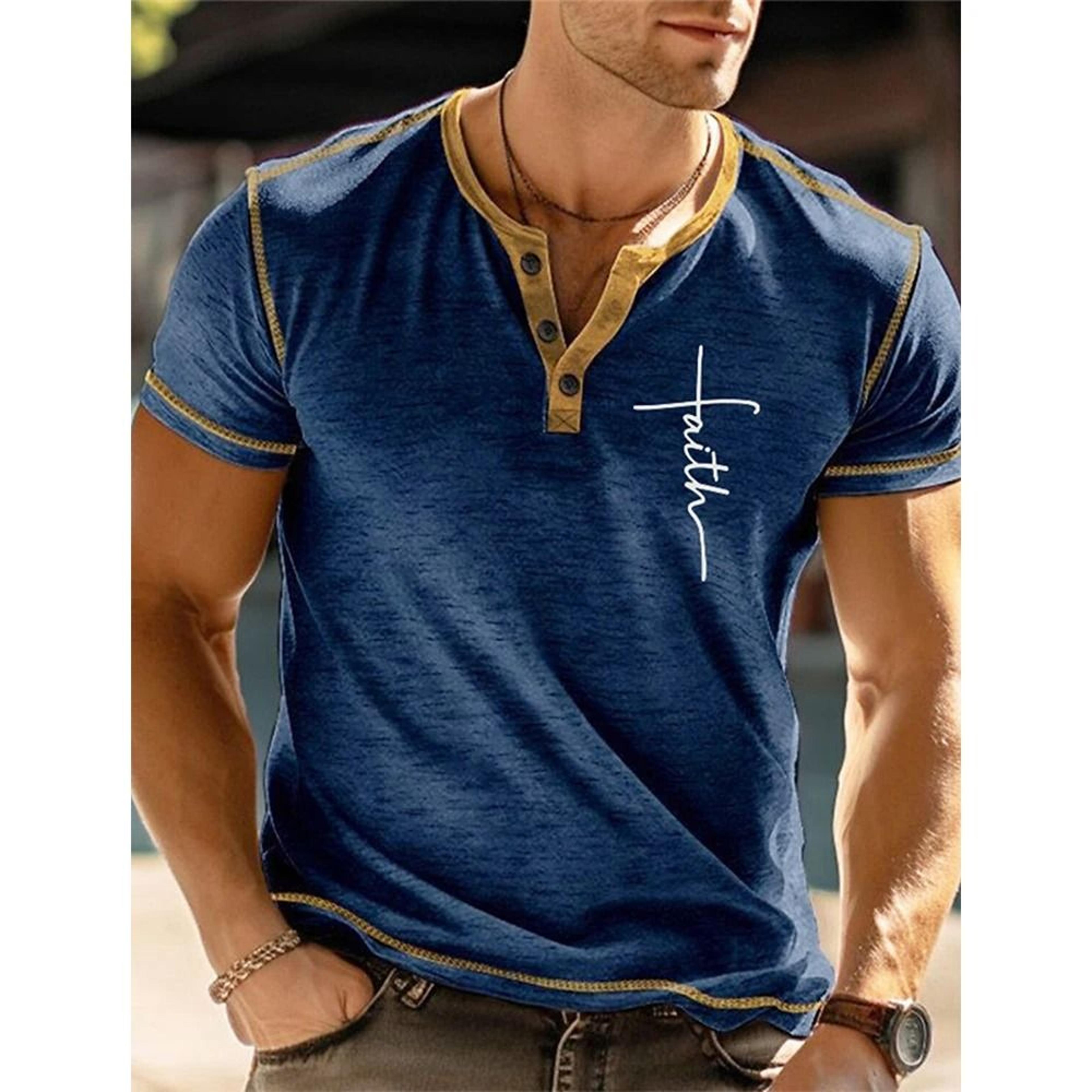 men's faith 3d letter print henley t-shirt - summer oversized short sleeve streetwear button top