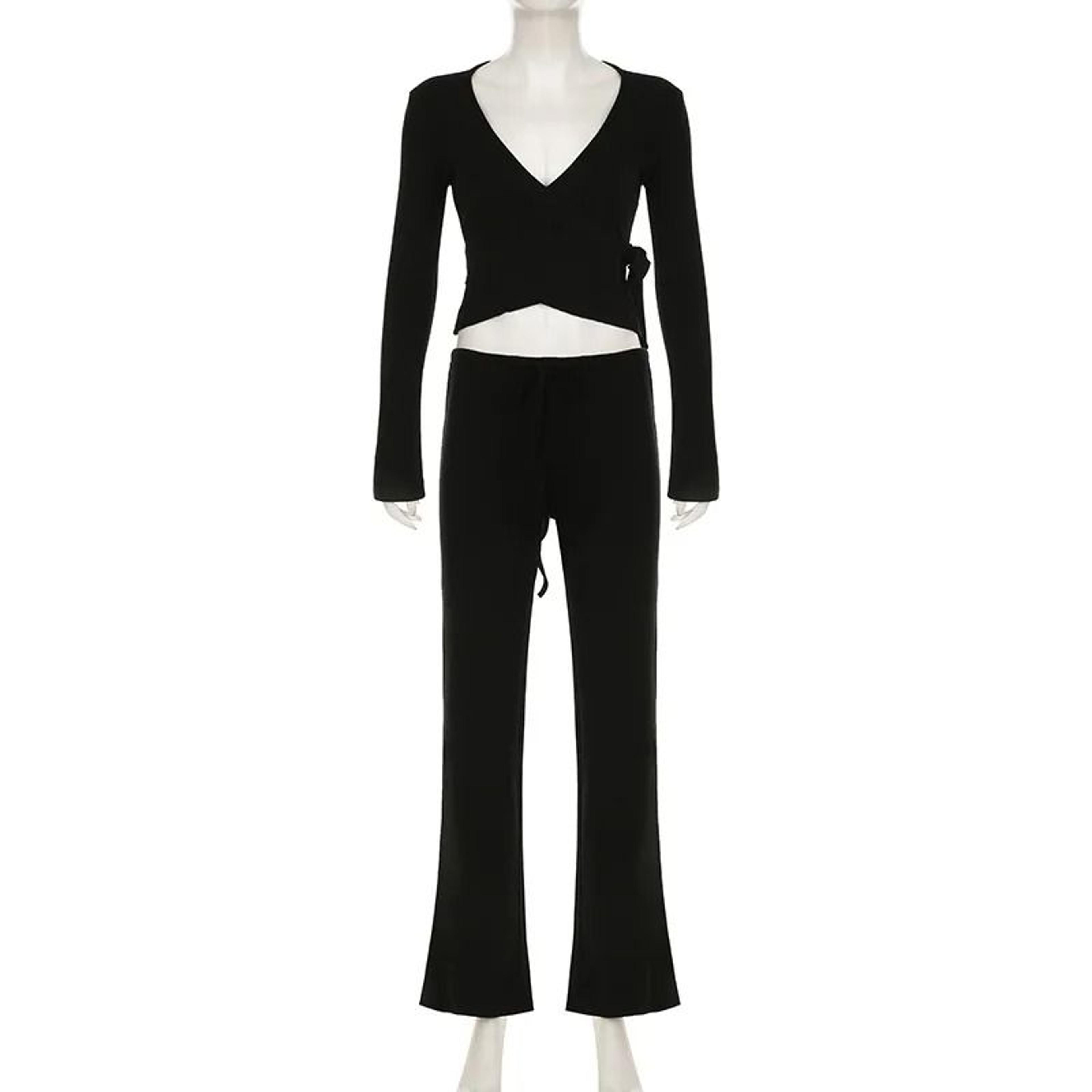 Womens 2Piece Flare Sleeve Crop Cardigan  Loose Pants Lounge Set  Autumn LaceUp Solid Color Outfit 10