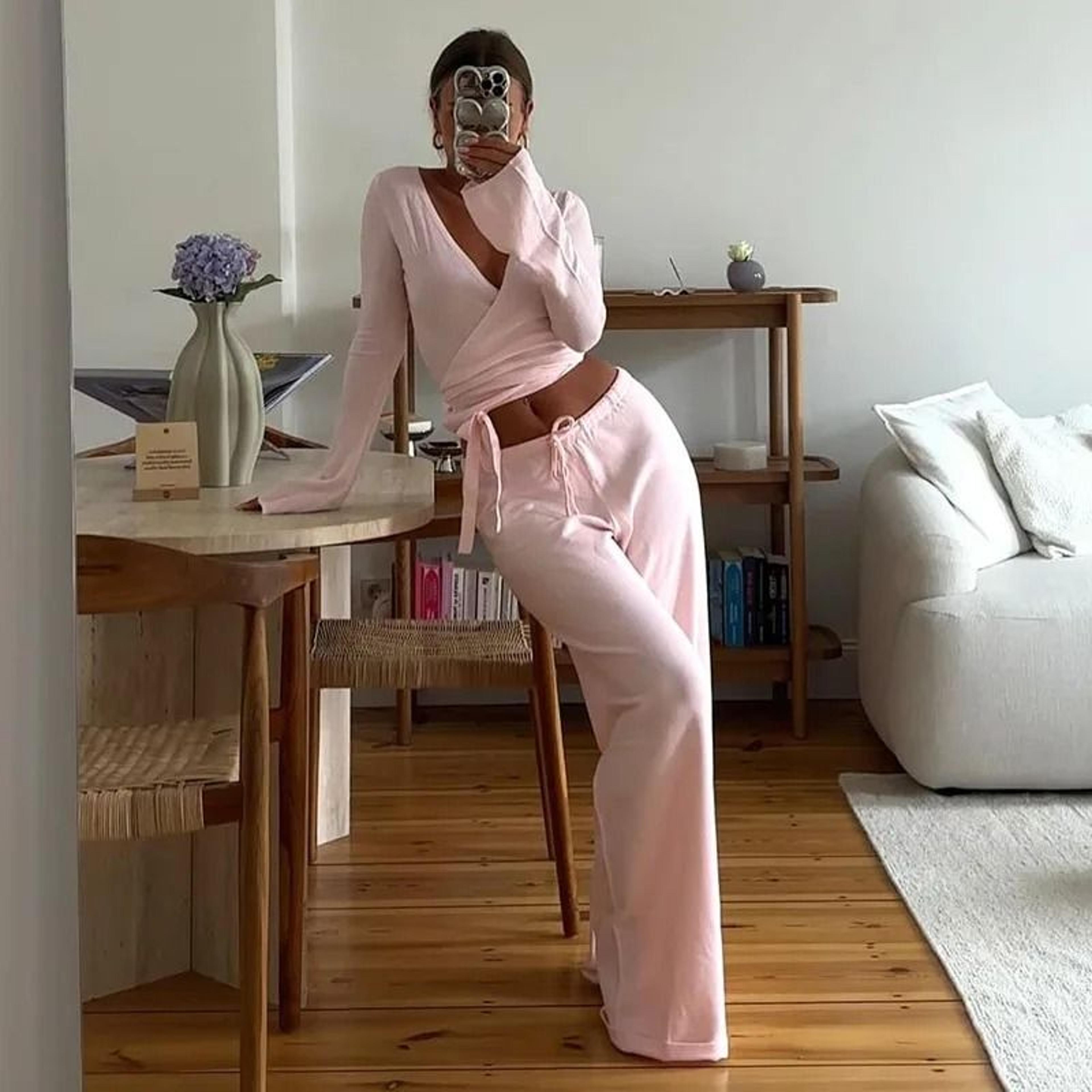 Womens 2Piece Flare Sleeve Crop Cardigan  Loose Pants Lounge Set  Autumn LaceUp Solid Color Outfit 12