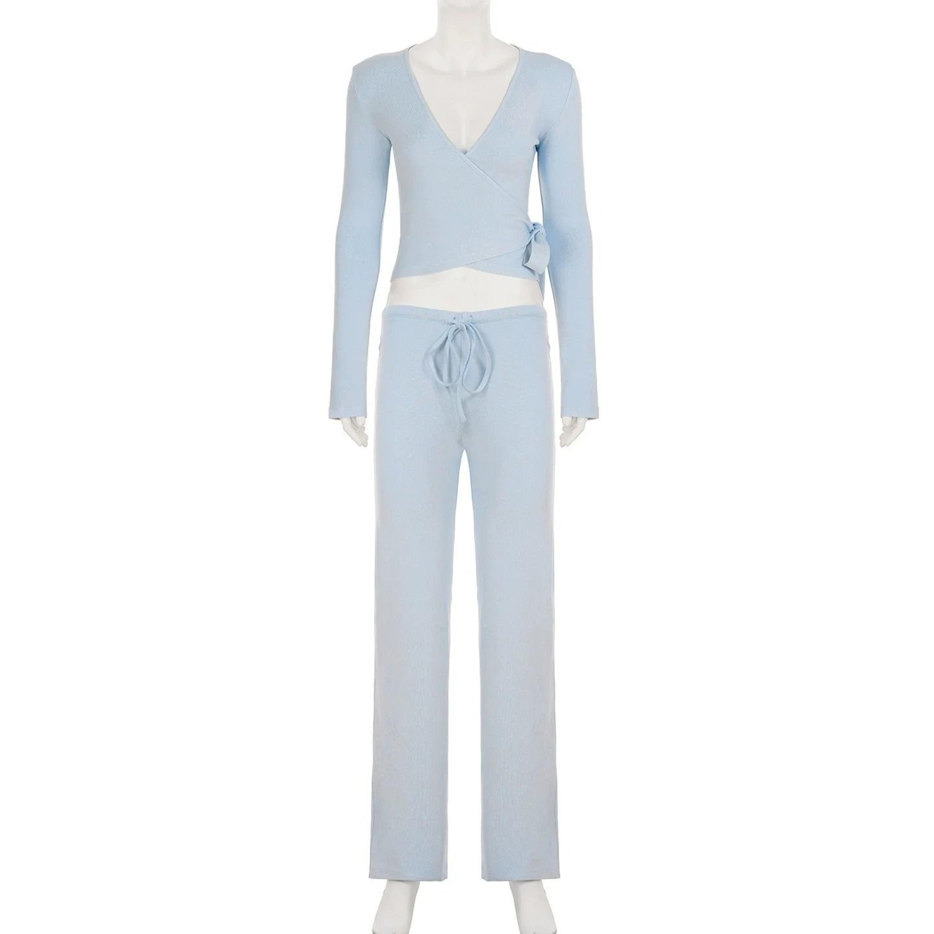 Womens 2Piece Flare Sleeve Crop Cardigan  Loose Pants Lounge Set  Autumn LaceUp Solid Color Outfit 7