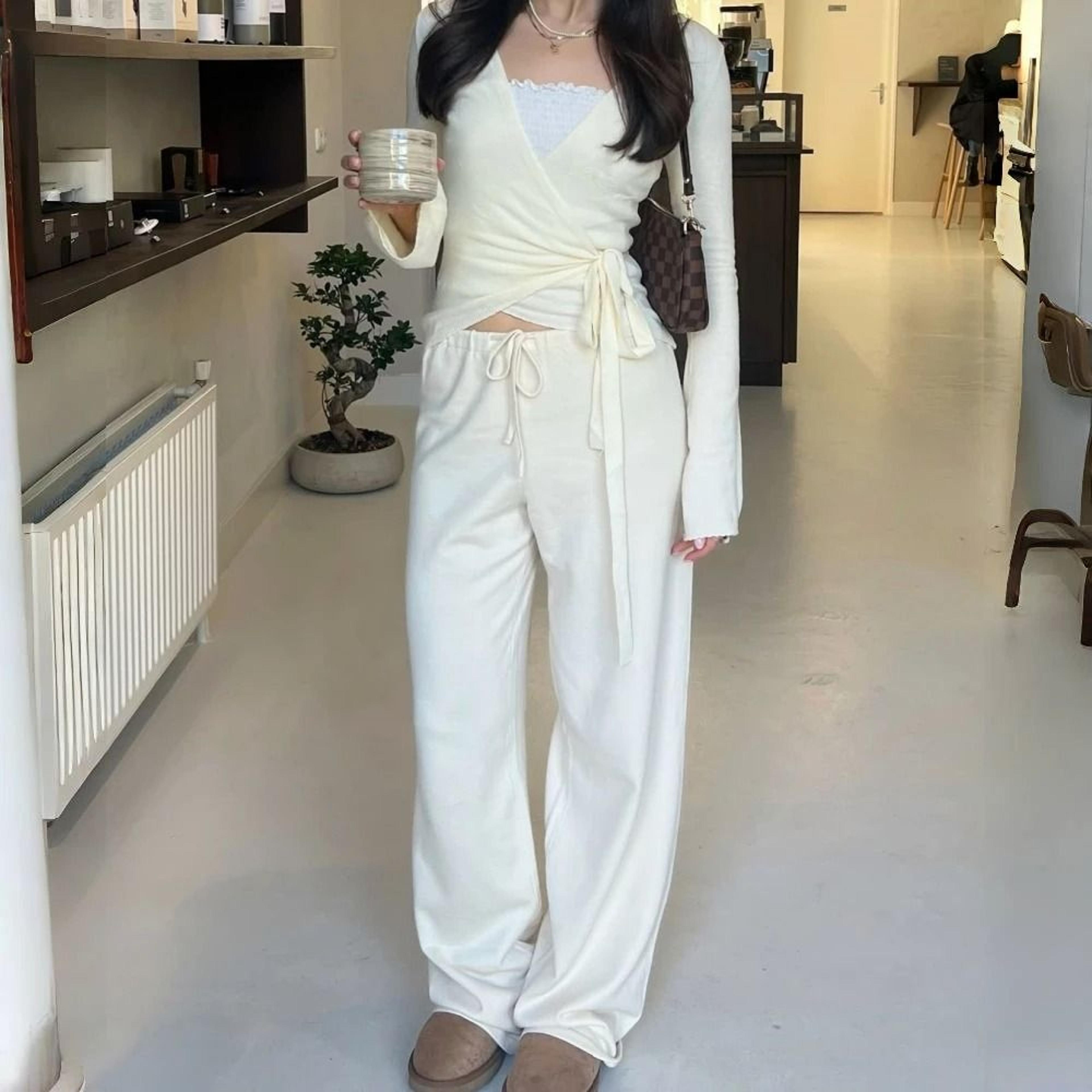 Womens 2Piece Flare Sleeve Crop Cardigan  Loose Pants Lounge Set  Autumn LaceUp Solid Color Outfit 9
