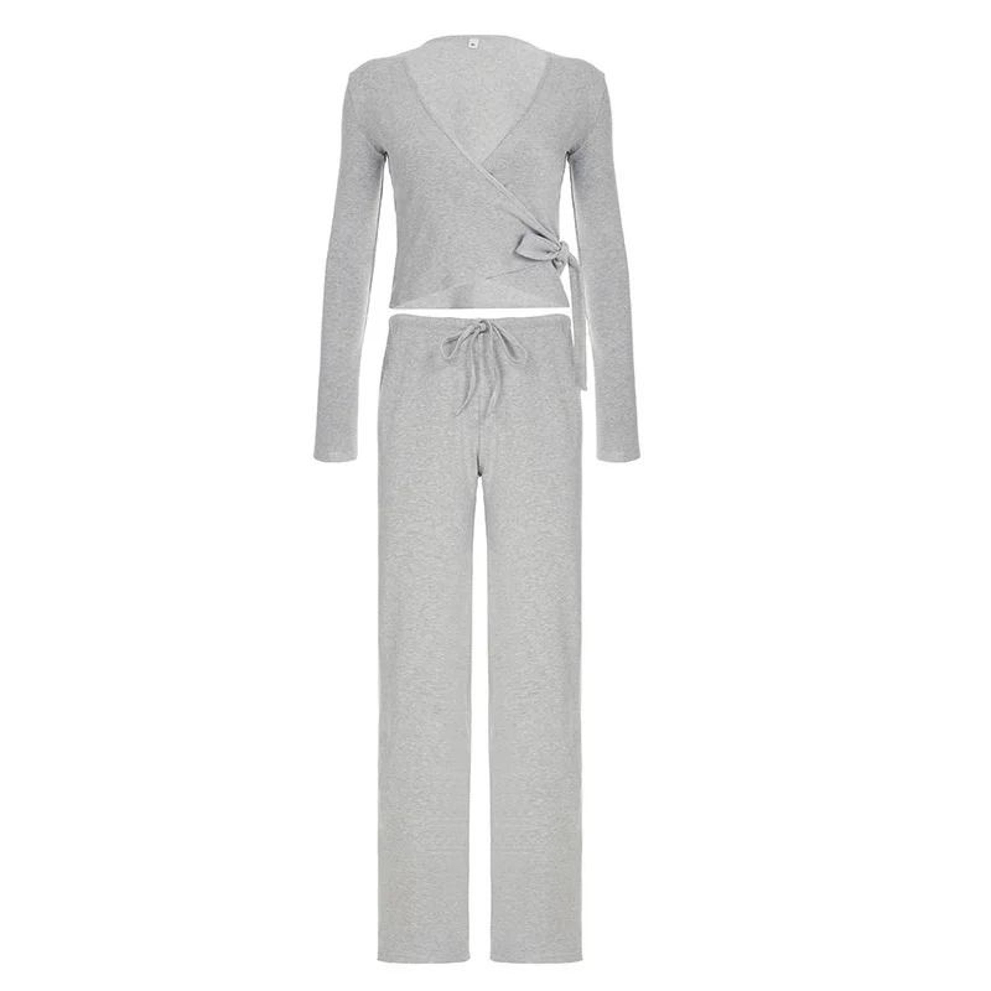 Womens 2Piece Flare Sleeve Crop Cardigan  Loose Pants Lounge Set  Autumn LaceUp Solid Color Outfit 11