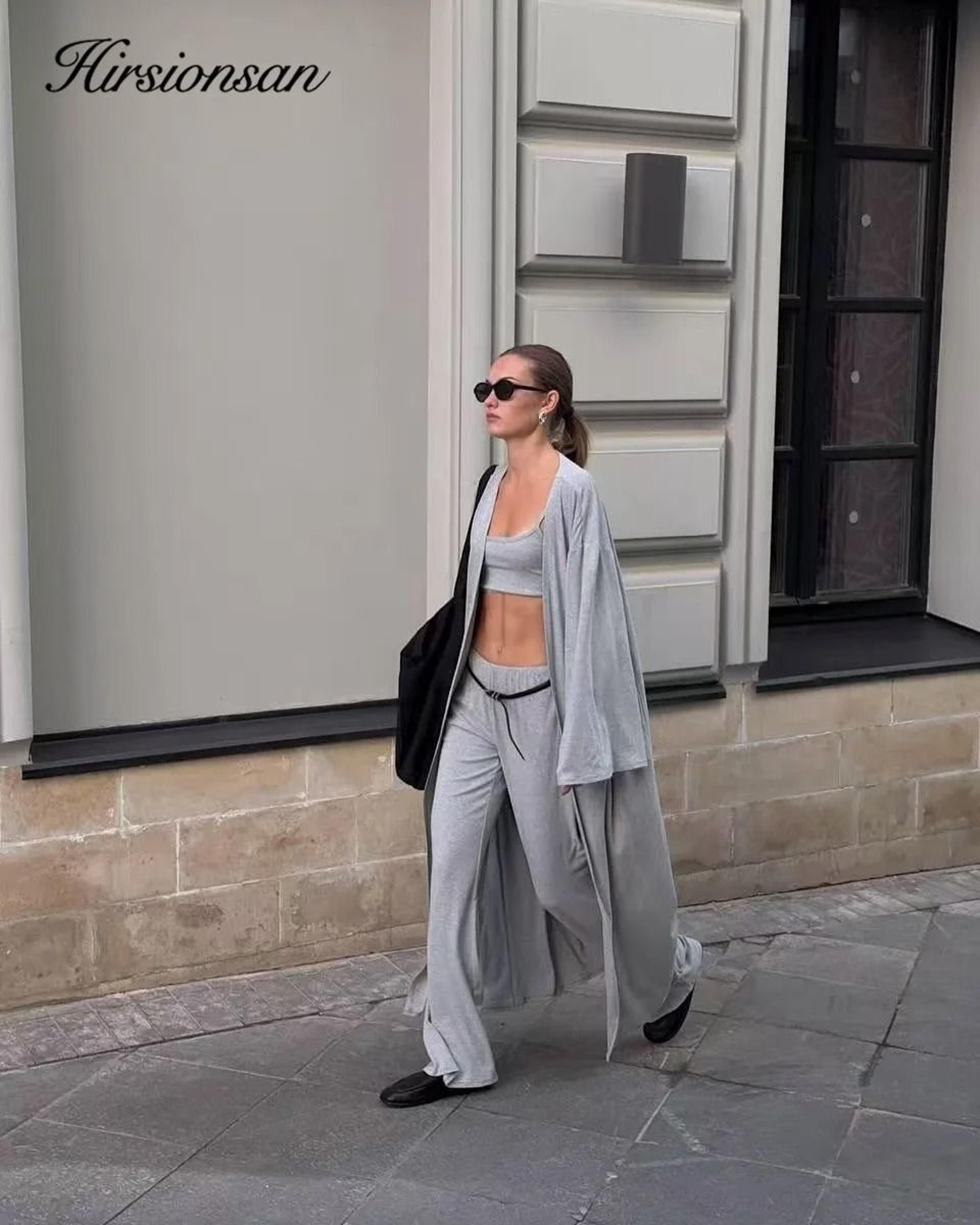 Hirsionsan UltraSoft Modal 3Piece Lounge Set  Casual Long Sleeve Cardigan High Waist Pants  Vest Ou 1