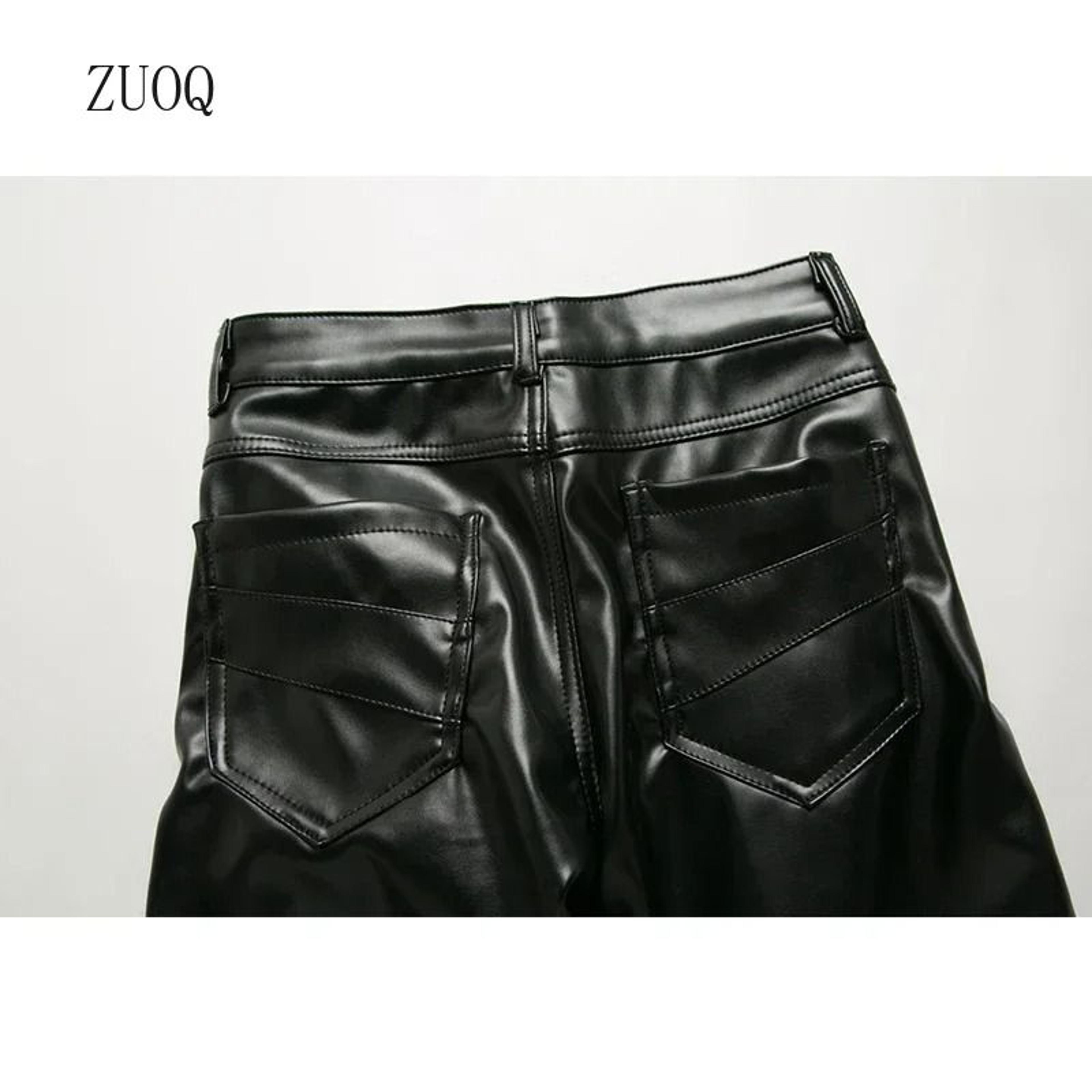 Mens Winter Skinny Biker PU Leather Pants  High Street Fashion Motorcycle Trousers For Club  Stage  3