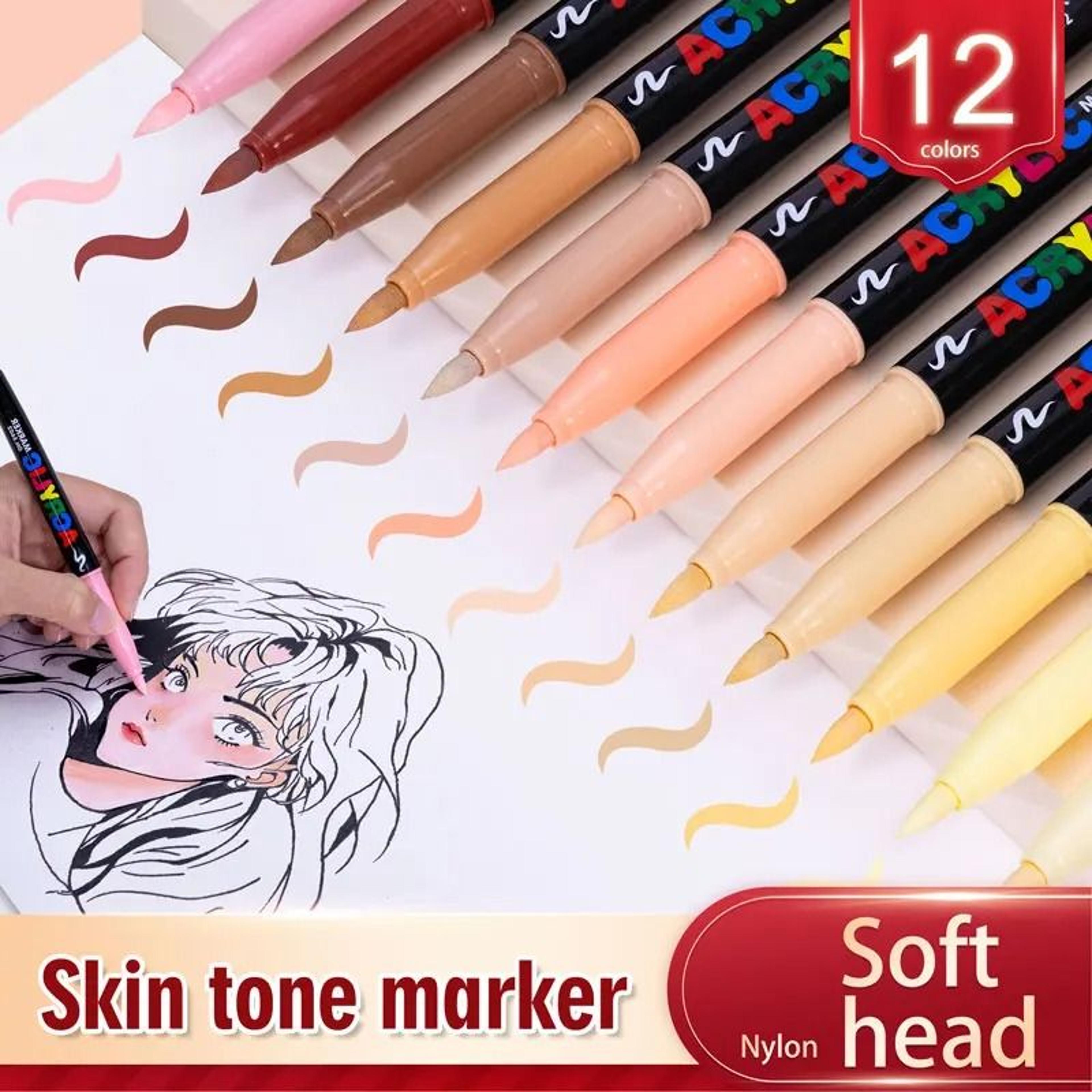 12 color skin tone acrylic markers set - soft brush nib waterproof paint pens