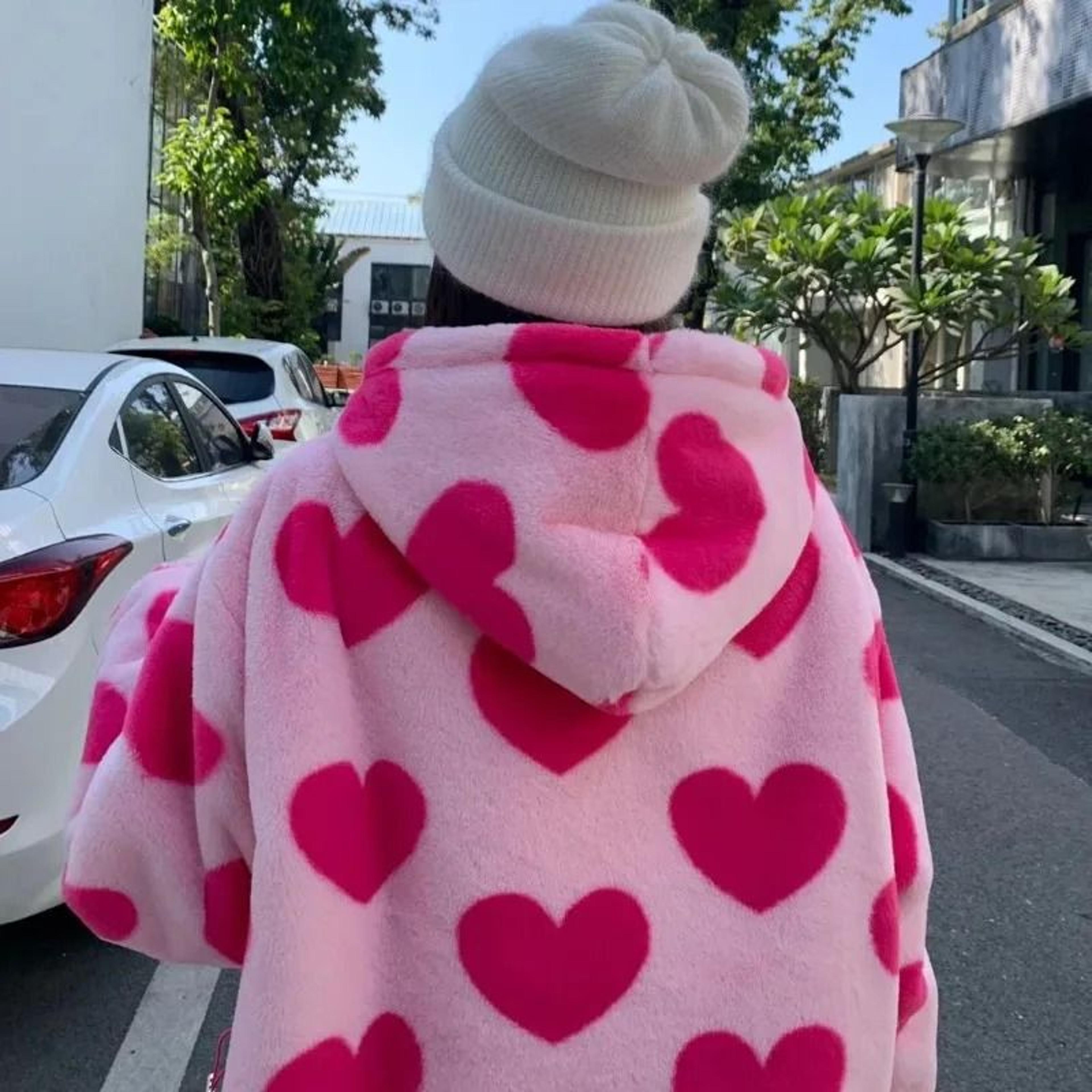 harajuku heart-print plush winter jacket - korean long sleeve thick warm hooded streetwear coat