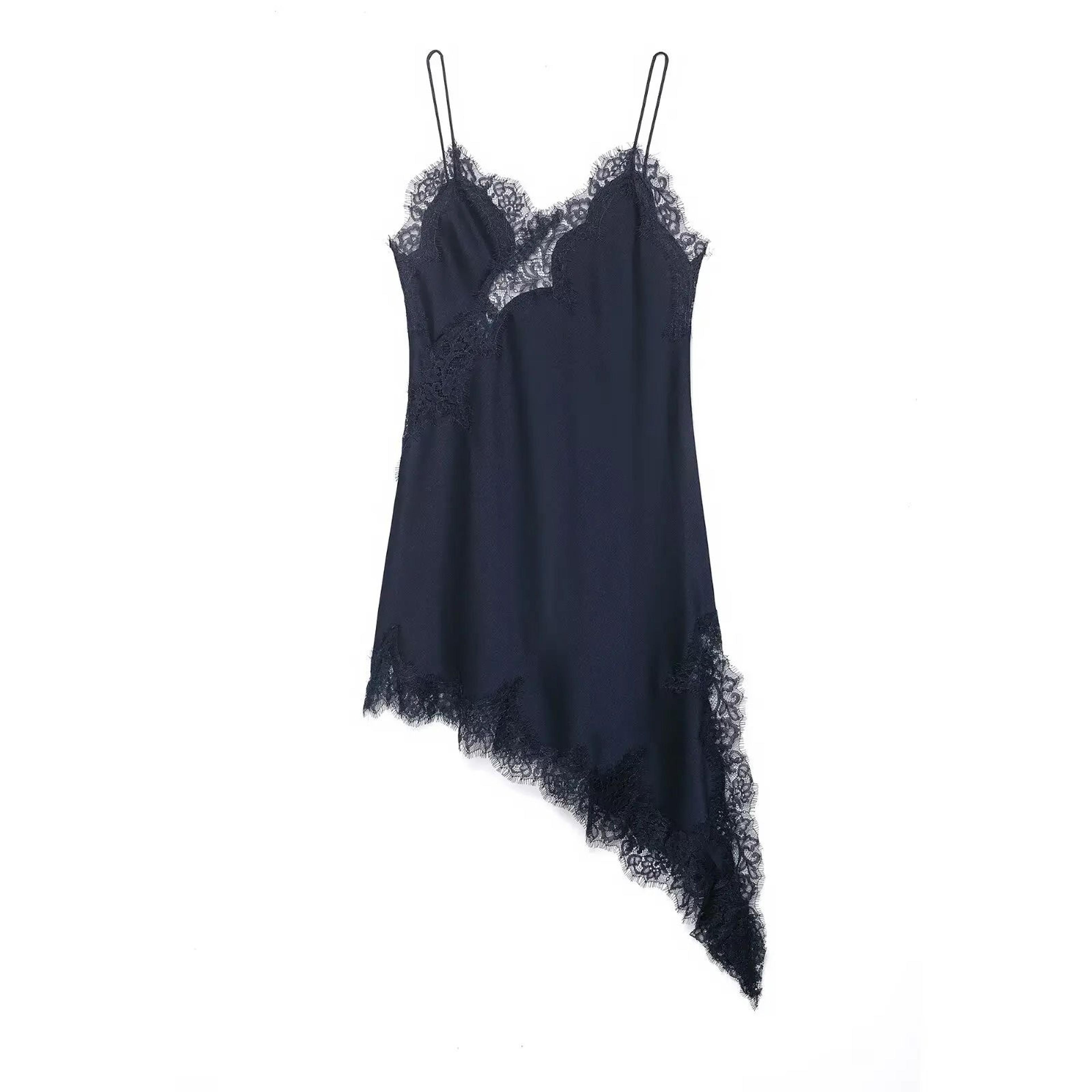 Satin Sexy Lace Spliced Short Sling Dress  Sleeveless Backless Asymmetric Party Mini Dress For Wome 15