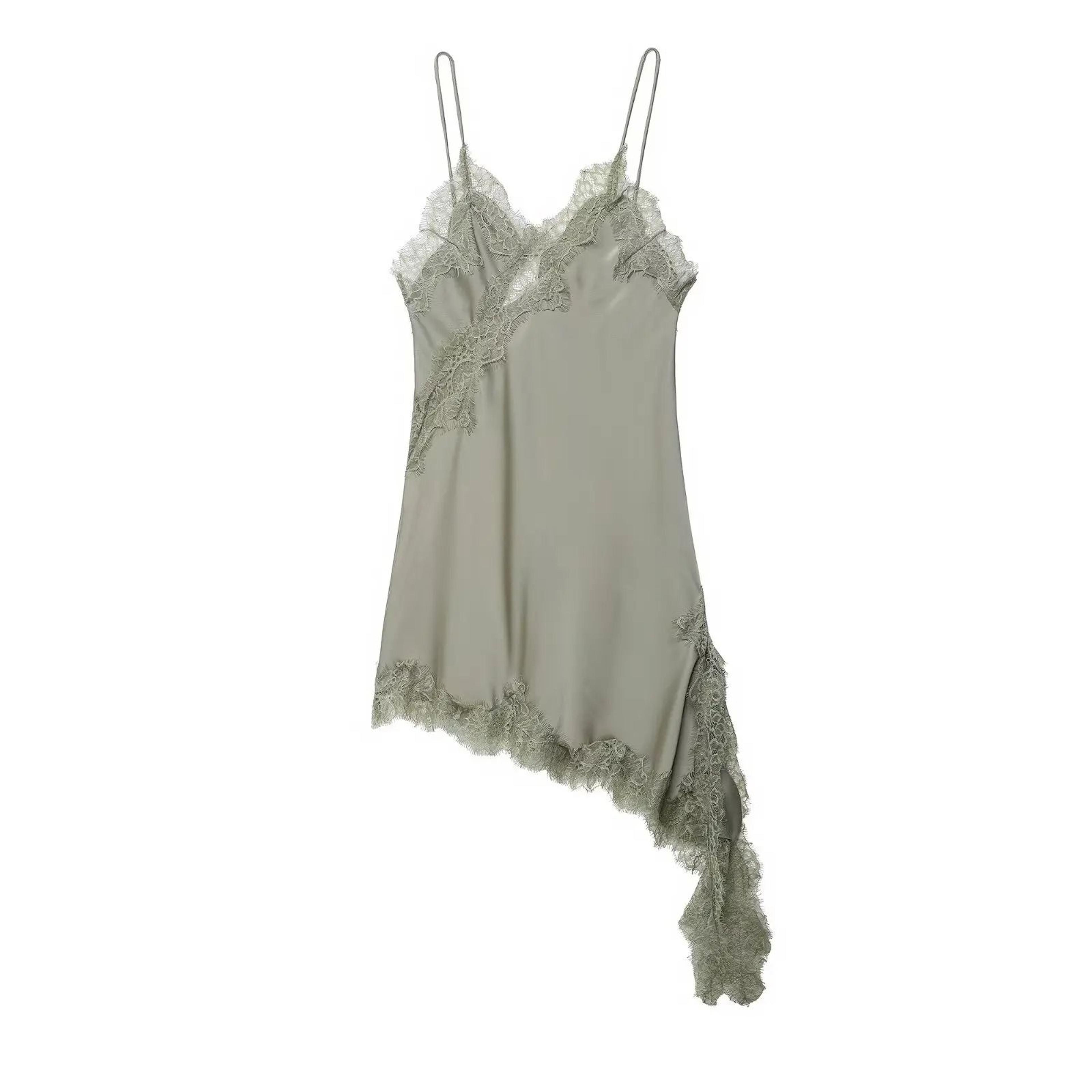 Satin Sexy Lace Spliced Short Sling Dress  Sleeveless Backless Asymmetric Party Mini Dress For Wome 12