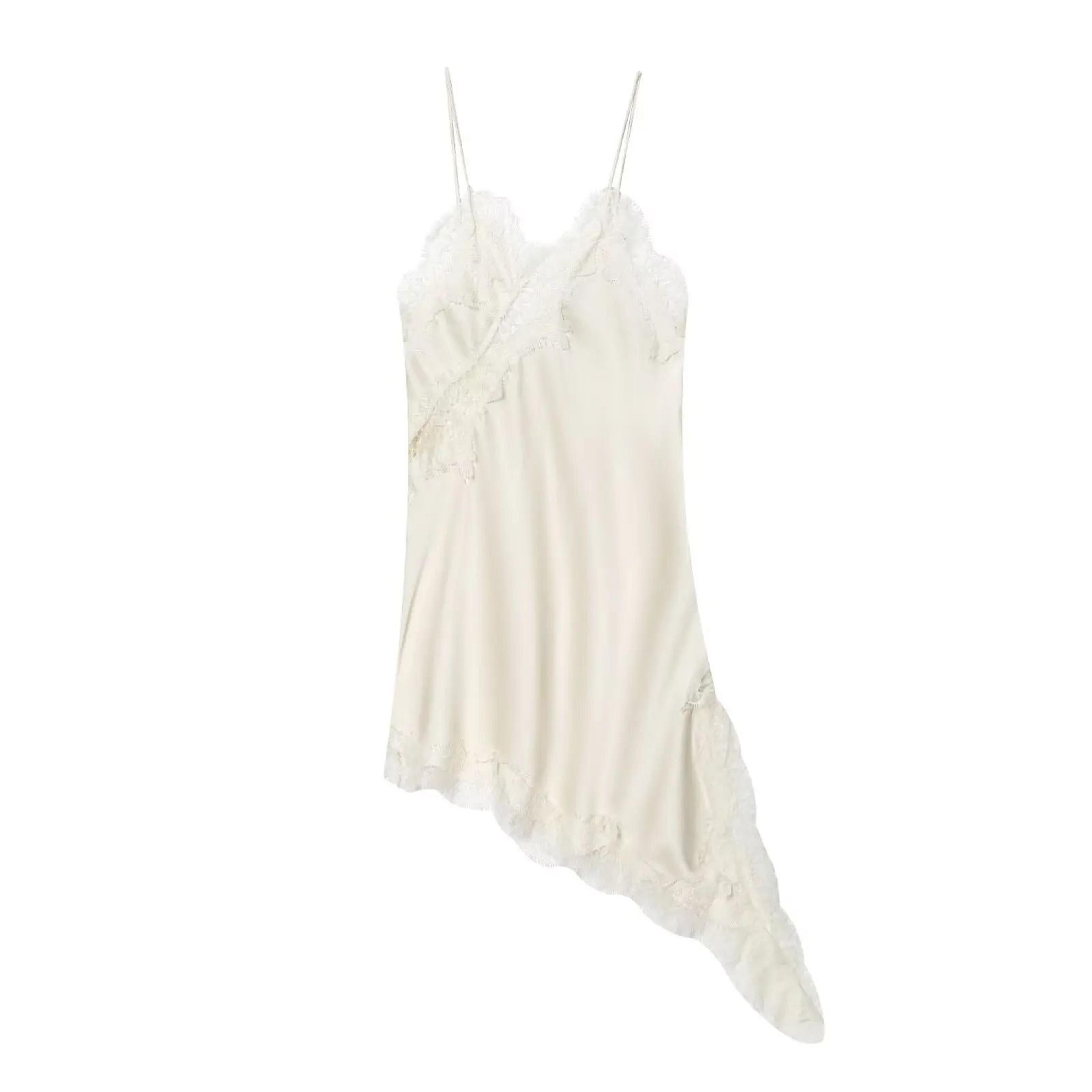Satin Sexy Lace Spliced Short Sling Dress  Sleeveless Backless Asymmetric Party Mini Dress For Wome 9