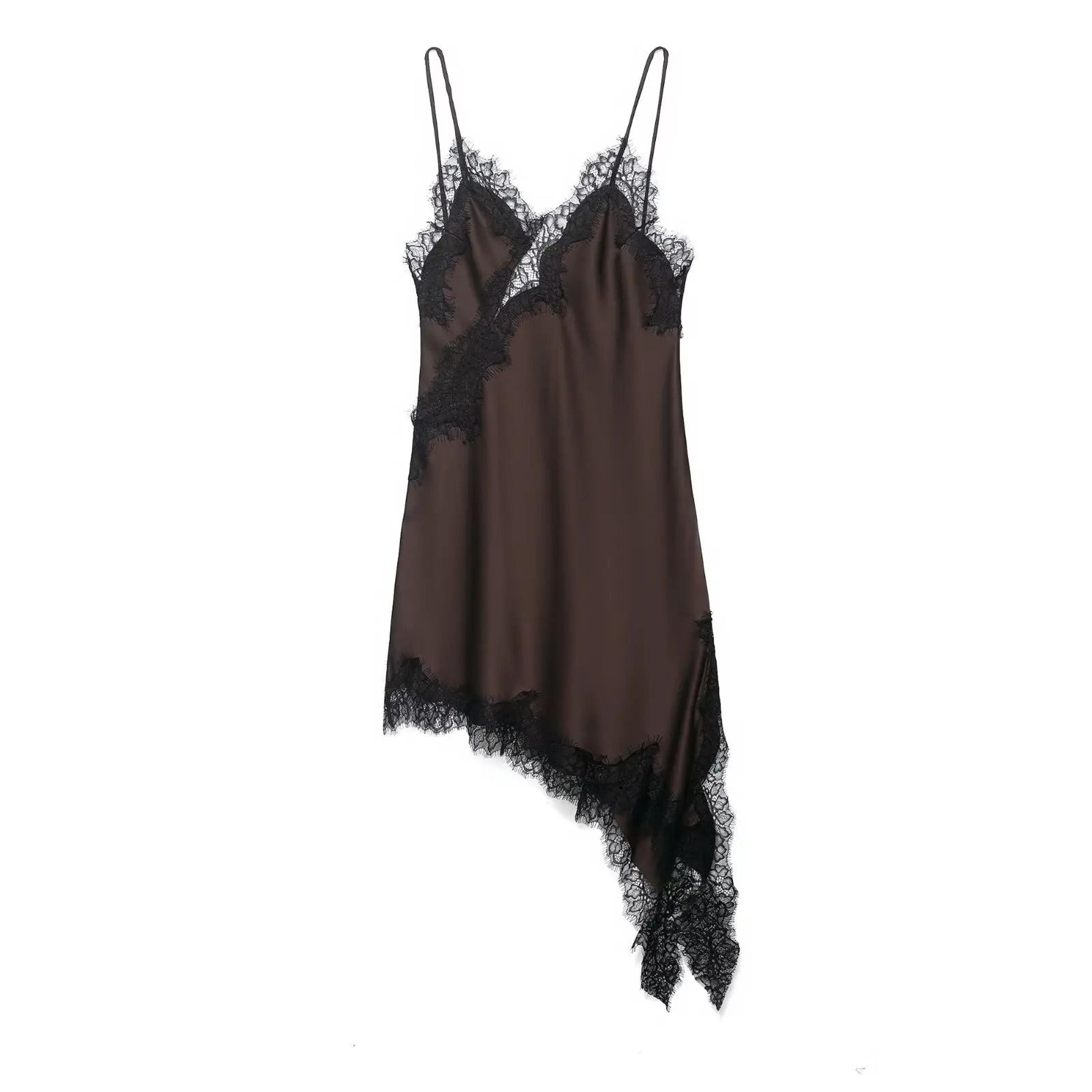 Satin Sexy Lace Spliced Short Sling Dress  Sleeveless Backless Asymmetric Party Mini Dress For Wome 13