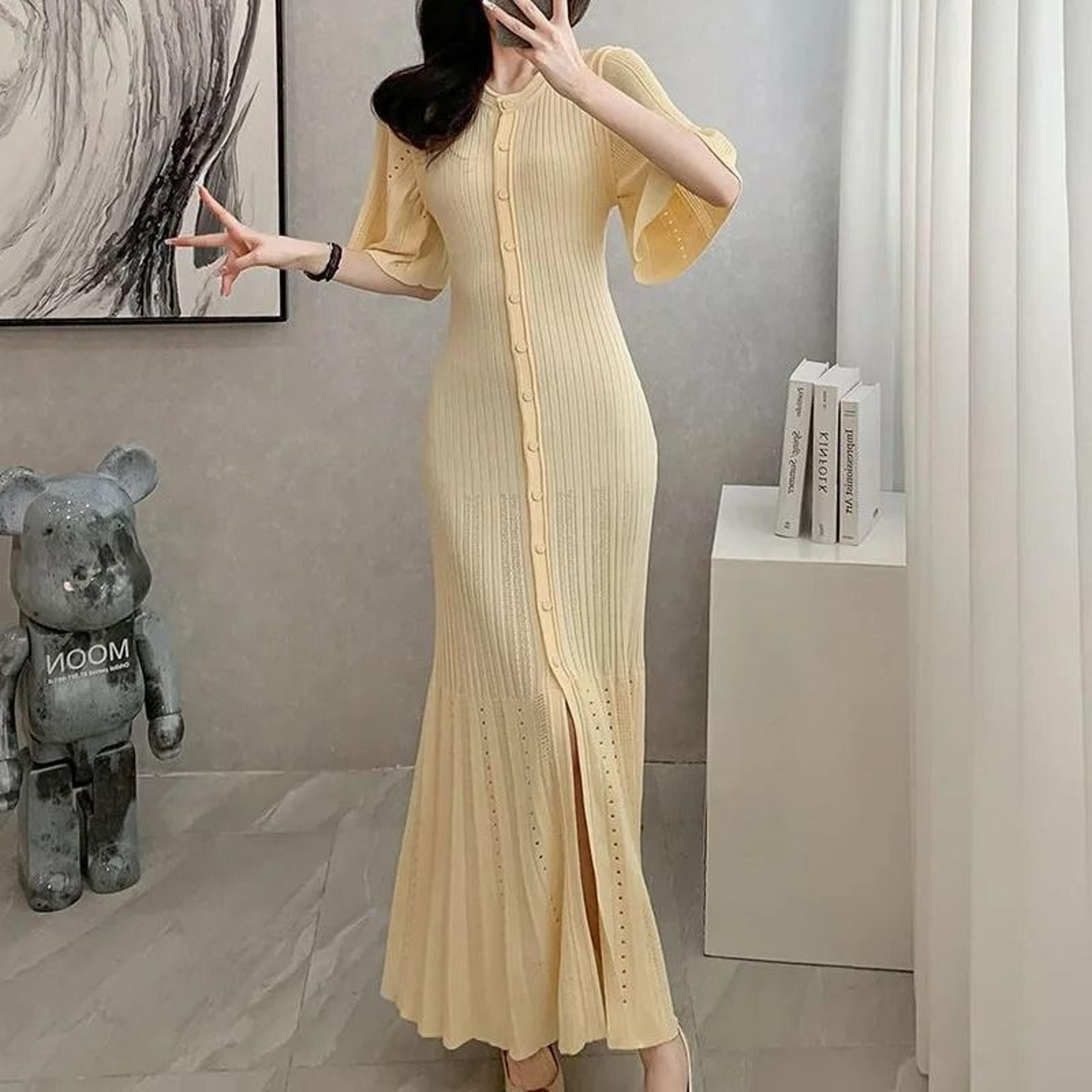 French Elegant HighEnd Knitted Mermaid Dress  Hollow Slimming Fishtail Knit Midi Dress For Women 1