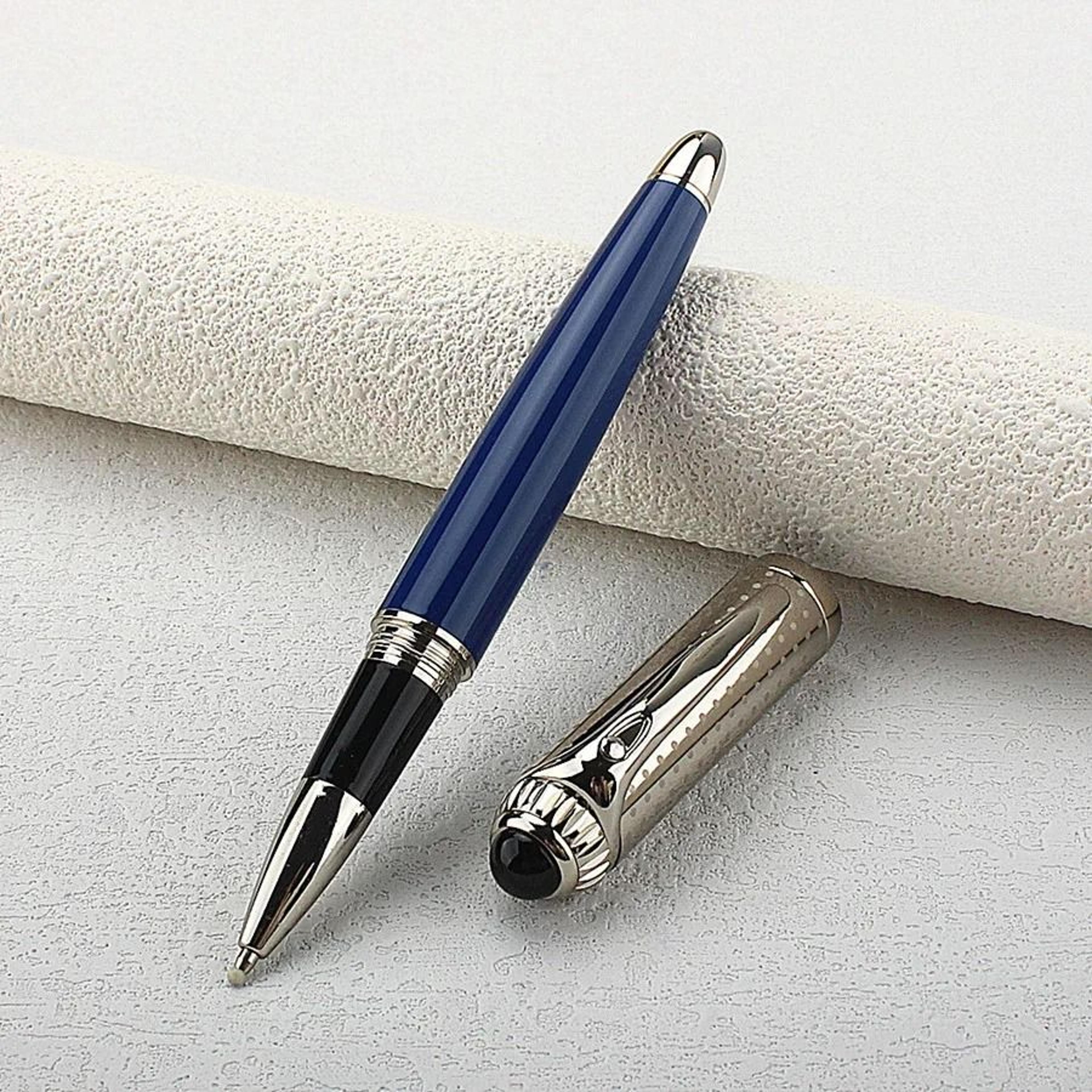 Luxury Business Deep Blue Oversized Metal Rollerball  Ballpoint Pen  Silver Clip  Smooth Blue Ink 4