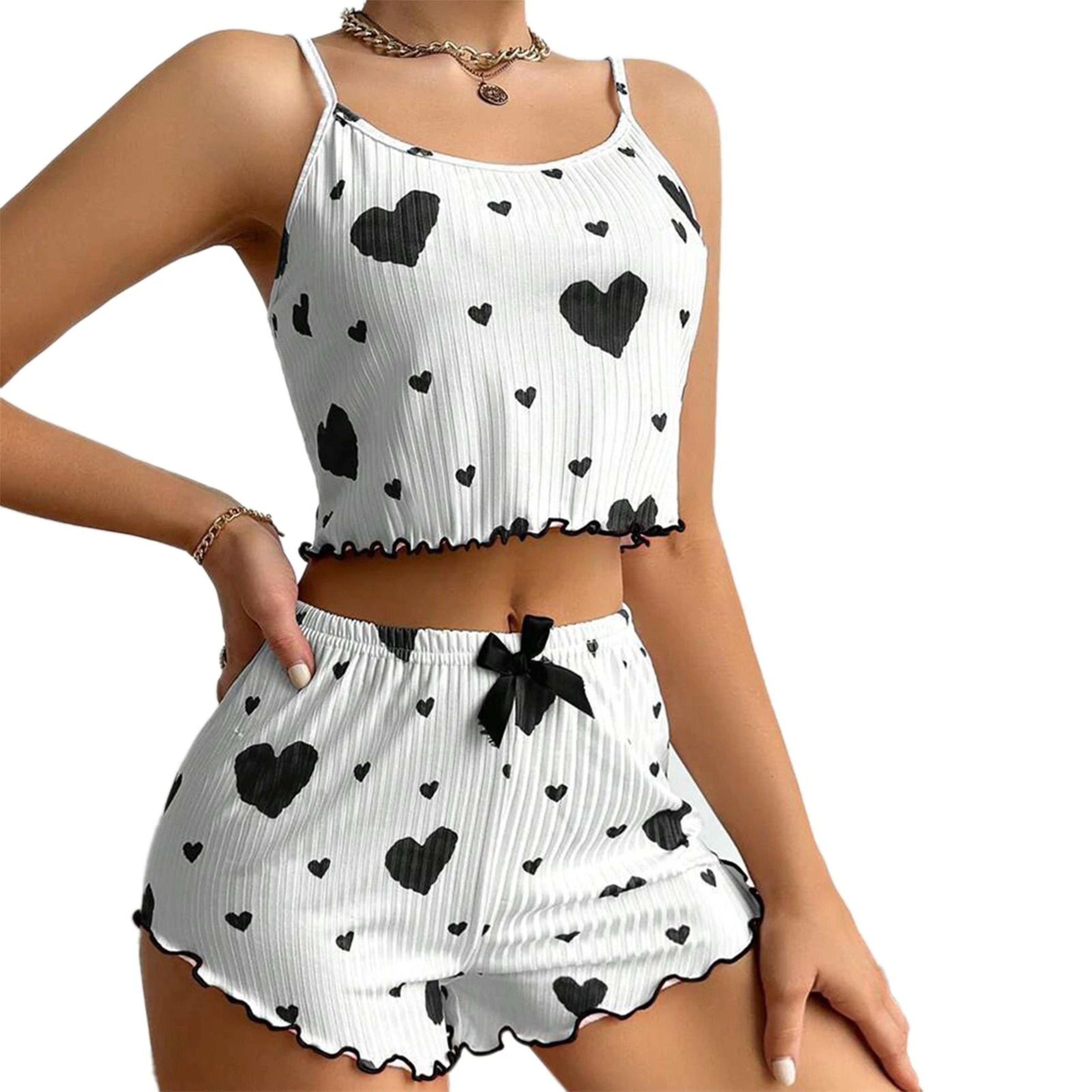 Womens 2Piece Heart Print Pajama Set  Summer Camisole Sling Vest  Shorts Sleepwear Set 6