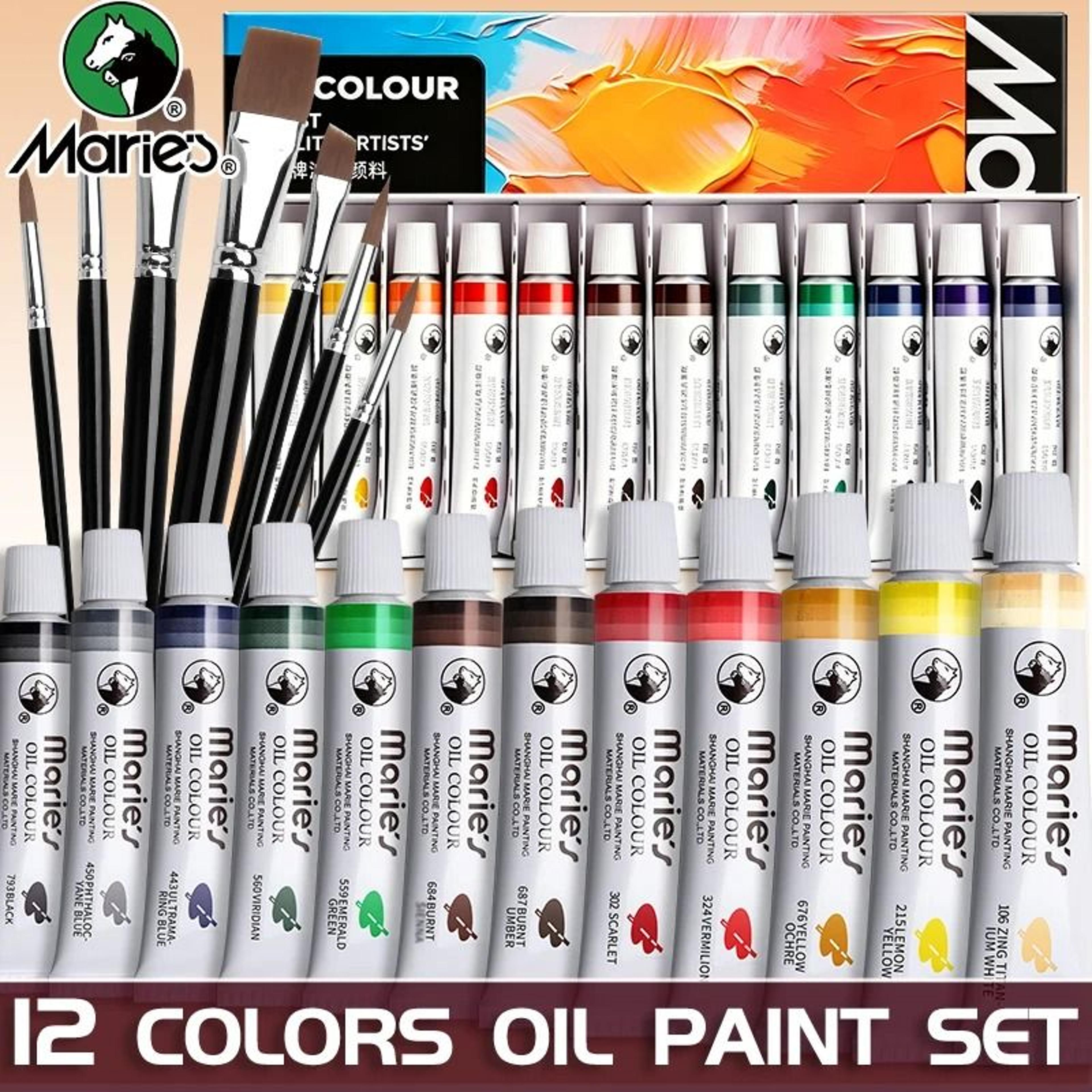 marie's 19-piece oil paint set - 12 colors (12ml / 0.42 oz tubes) & 7 painting brushes