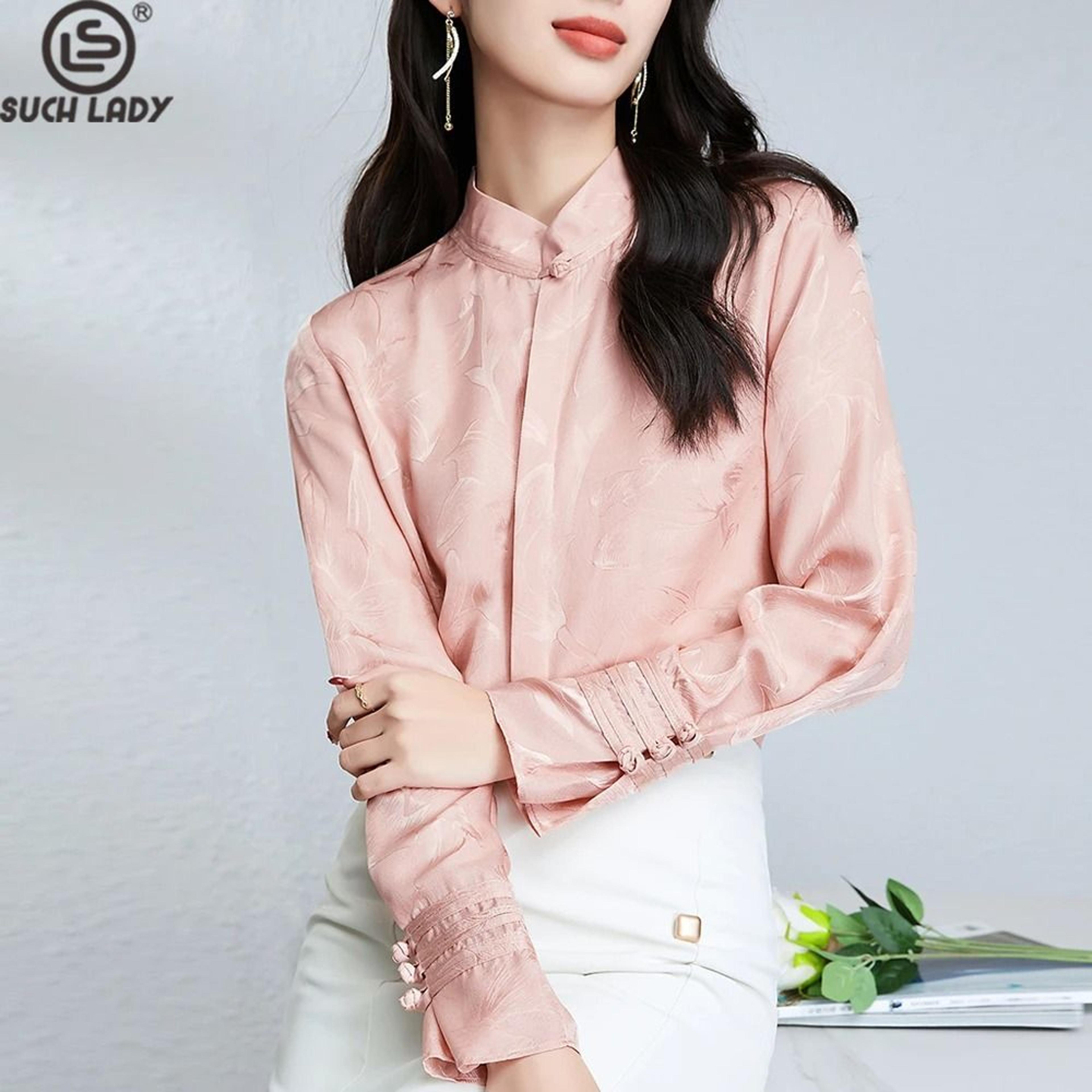 100 Pure Mulberry Silk Womens Blouse  Designer Jacquard Stand Collar Long Sleeve Shirt 1